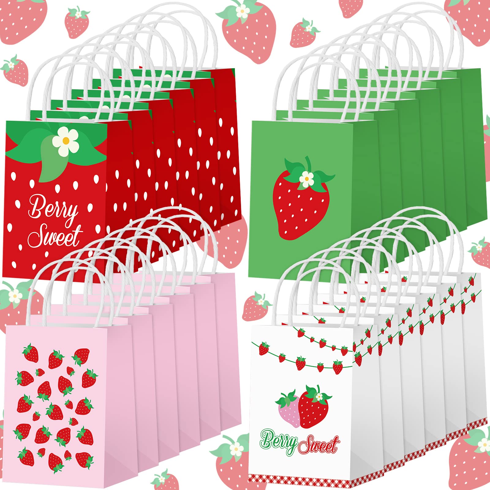 Outus 24 Pcs Strawberry Party Favor Bags Summer Strawberry Gift Bags Cute Strawberry Goodie Candy Paper Bags with Handles for Kids Berry First Birthday Party Supplies Baby Shower Wedding Decoration