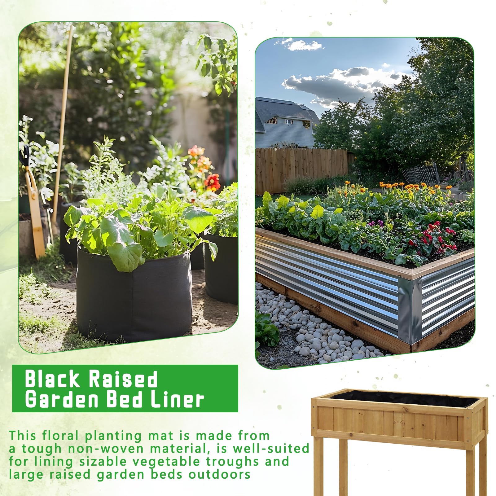 Lot de 2 doublures en tissu non tissé pour jardinière 2,9 m x 1,6 m noir évacuation d'eau rétention du sol