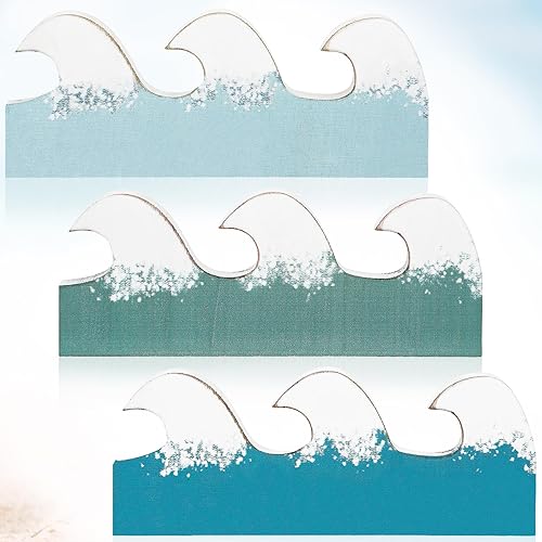 Miniatura 6 de Qunclay 3 piezas de decoración de mesa de verano con ondas de madera, letrero de océano de verano, centros de mesa de playa azul, ondas de madera