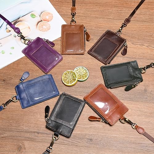Miniatura 4 de Wonderpool Soporte de cuero para tarjetas de identificación con bolsillo con cremallera, ranuras para tarjetas, cordón desmontable para el cuello y