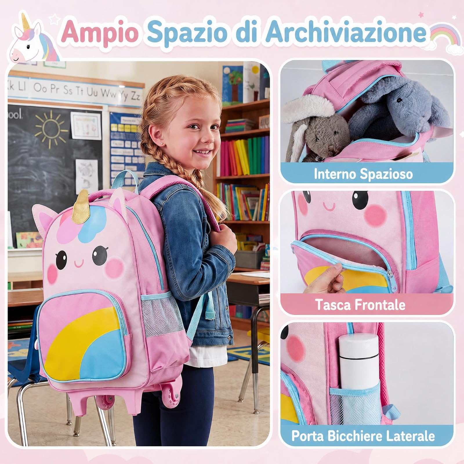 COSTWAY Set di 3 Zaini con Ruote per Bambini 3+ Anni (Modello 2) | 3 in 1 Zaino Trolley da Scuola con Borsa per Pranzo e Astuccio per Matite, Maniglia Retrattile e Portabicchieri Laterale