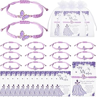 Wenqik 50 Set Quinceanera Gift for Guests Quinceanera Party Favors Butterfly Wish Adjustable Butterfly Bracelet with Wish Thank You Card Organza Bag for 15 Year Birthday Supply