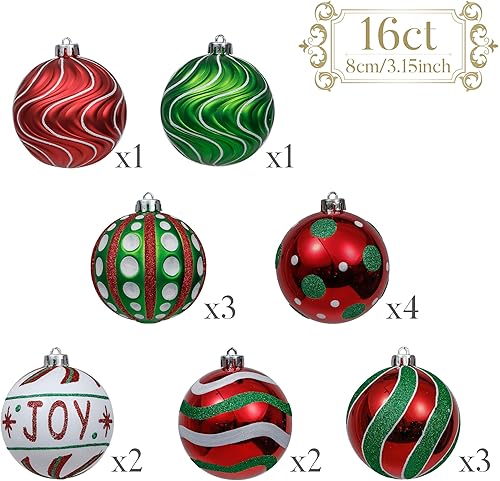 Miniatura 4 de Valery Madelyn Christmas Ornaments Set, 16ct Red Green White Shatterproof Christmas Tree Decorations Ball Ornaments Bulk, 3.15 Inch Hanging