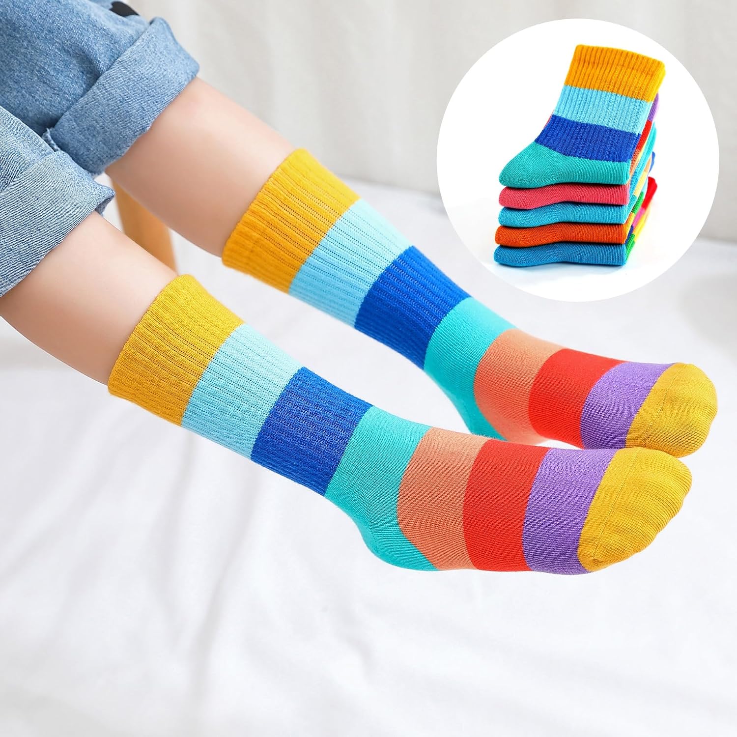 Girls Seamless Socks Rainbow Stripes Cotton Socks Kids Casual Athletic Socks For School