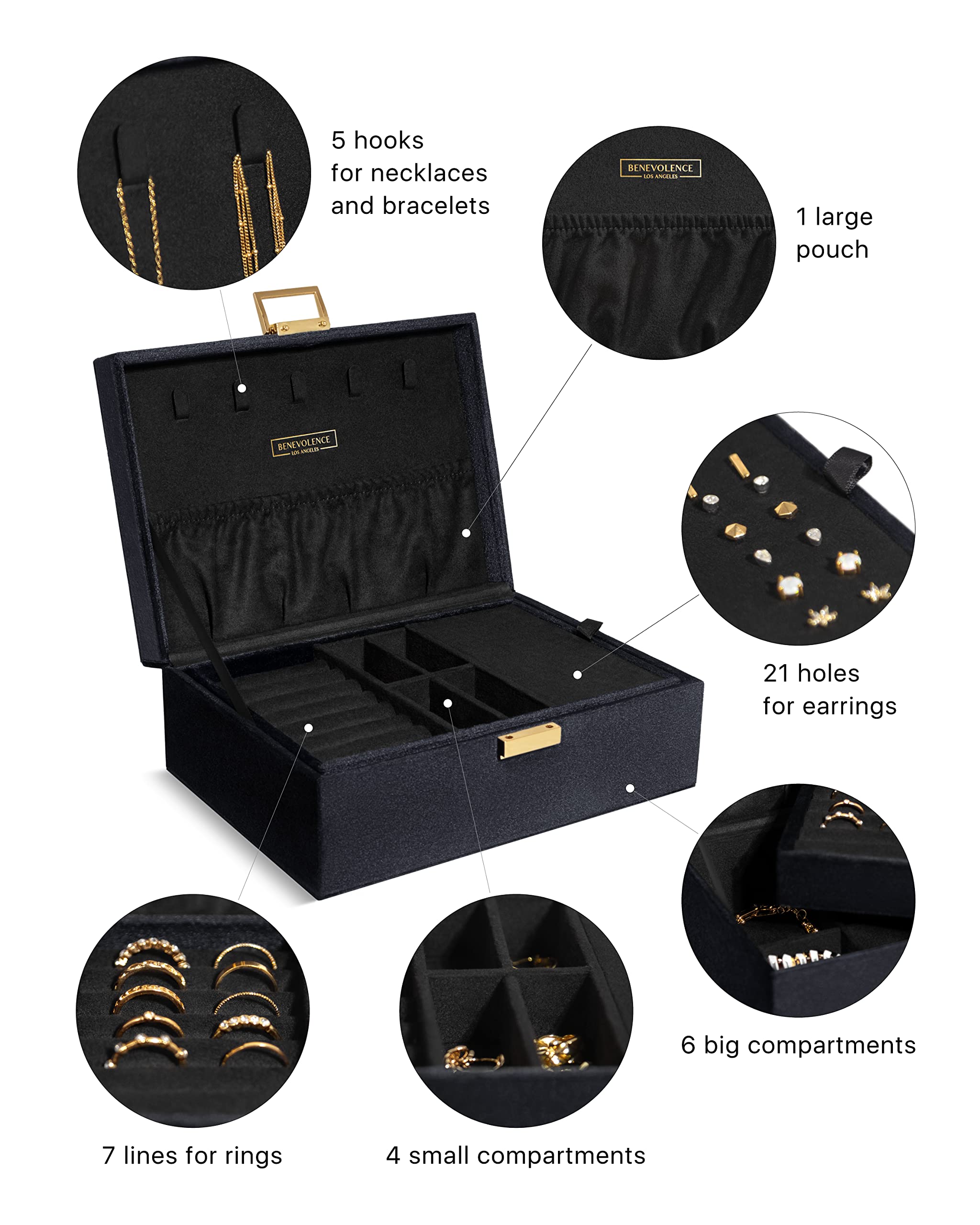 Benevolence LA 2 Layer Jewelry Box for Women, Large Velvet Jewelry Organizer with Decorative Lock, Removable Jewelry Tray, Earrings, Bracelets, Rings and Necklace Storage Box - Emerald: Benevolence LA Large Jewelry Storage Box | Velvet Boxes for Women | Earring, Bracelets, Rings, Necklace Organizer | 2 Layer Case for Women's Accessories - Ebony