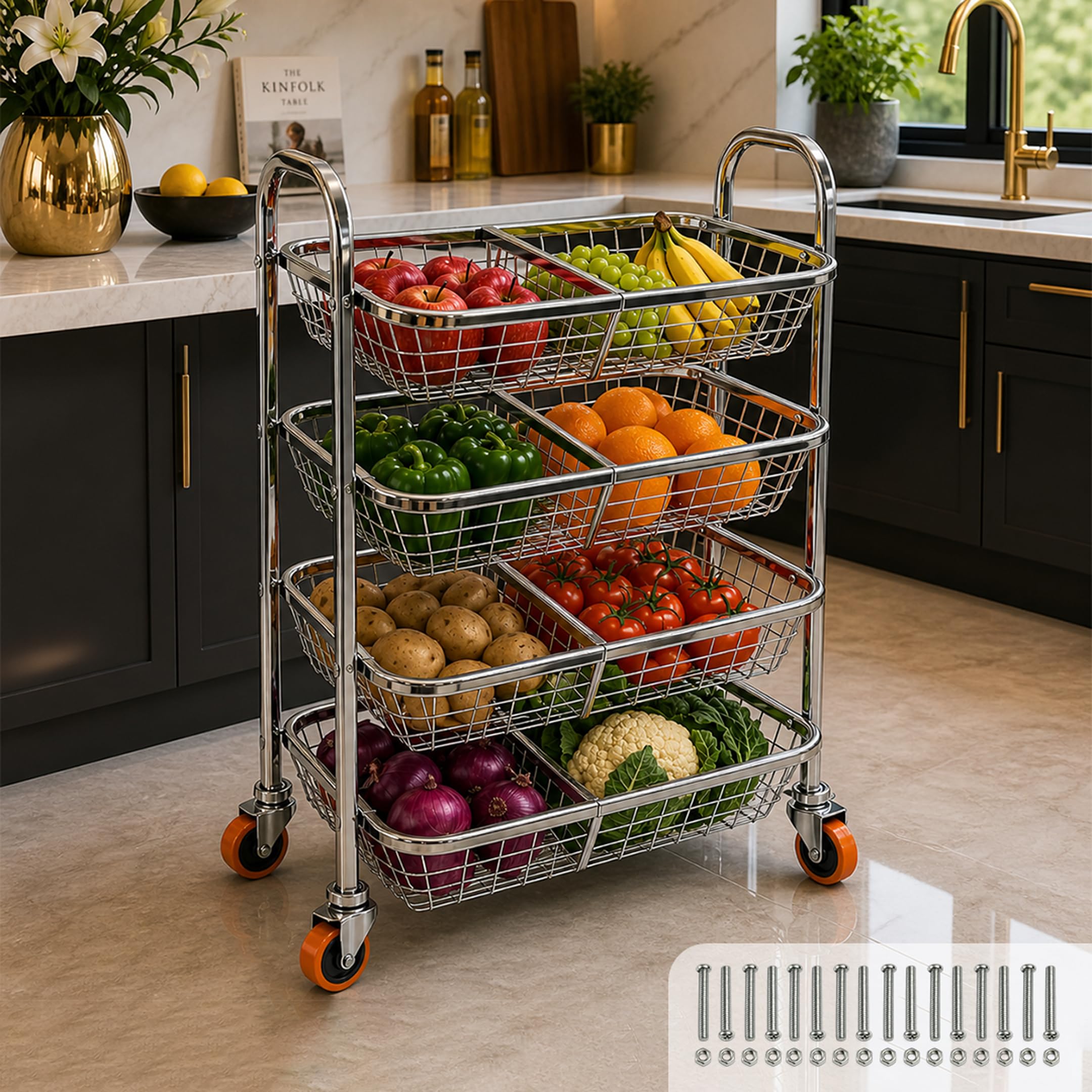 MIKANIX Stainless Steel Vegetable & Fruit Storage Rack with Wheels, Kitchen Storage Basket Organizer, Rust Proof Stand for Onion, Potato, Fruits & Vegetables Trolley (4 Rack & 8 PARTITION)-image-4
