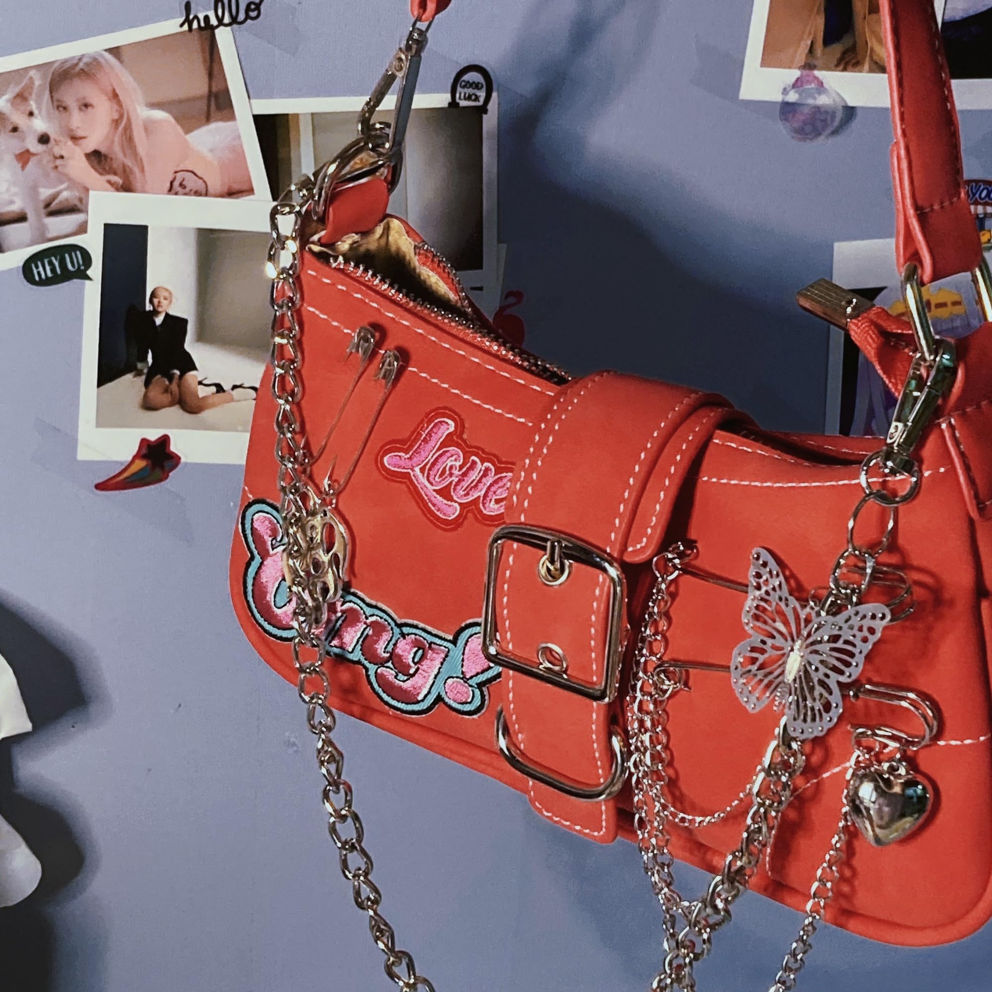 FONETTOS Punk Bag, Sourpuss Gothic Tote Purse Y2K Cool Style Trendy Women Shoulder Bags Rock Fashion Girls Handbag: L-rose Red