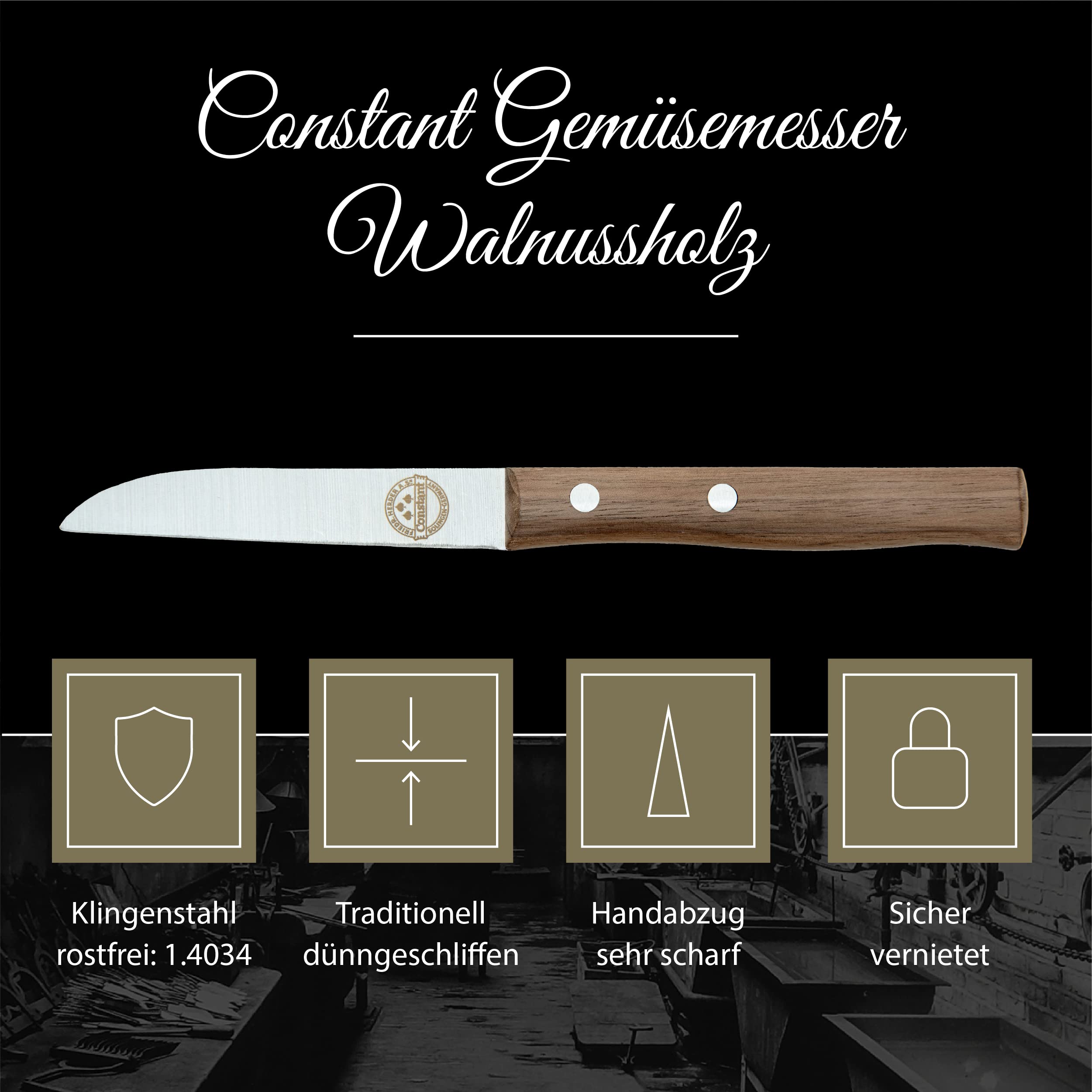 Premium Gemüsemesser/Kneipchen, Walnuss, rostfreie Klinge, Chrom-Stahl, extra scharfes Küchenmesser, Dünnschliff, Handabzug, Solingen