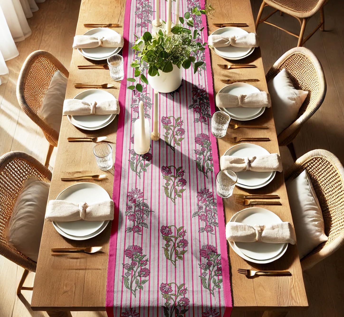 Double Layer Cotton Table Runner with Border - Floral Print, Machine Washable - Dining Table Décor for Farmhouse & Modern Homes
