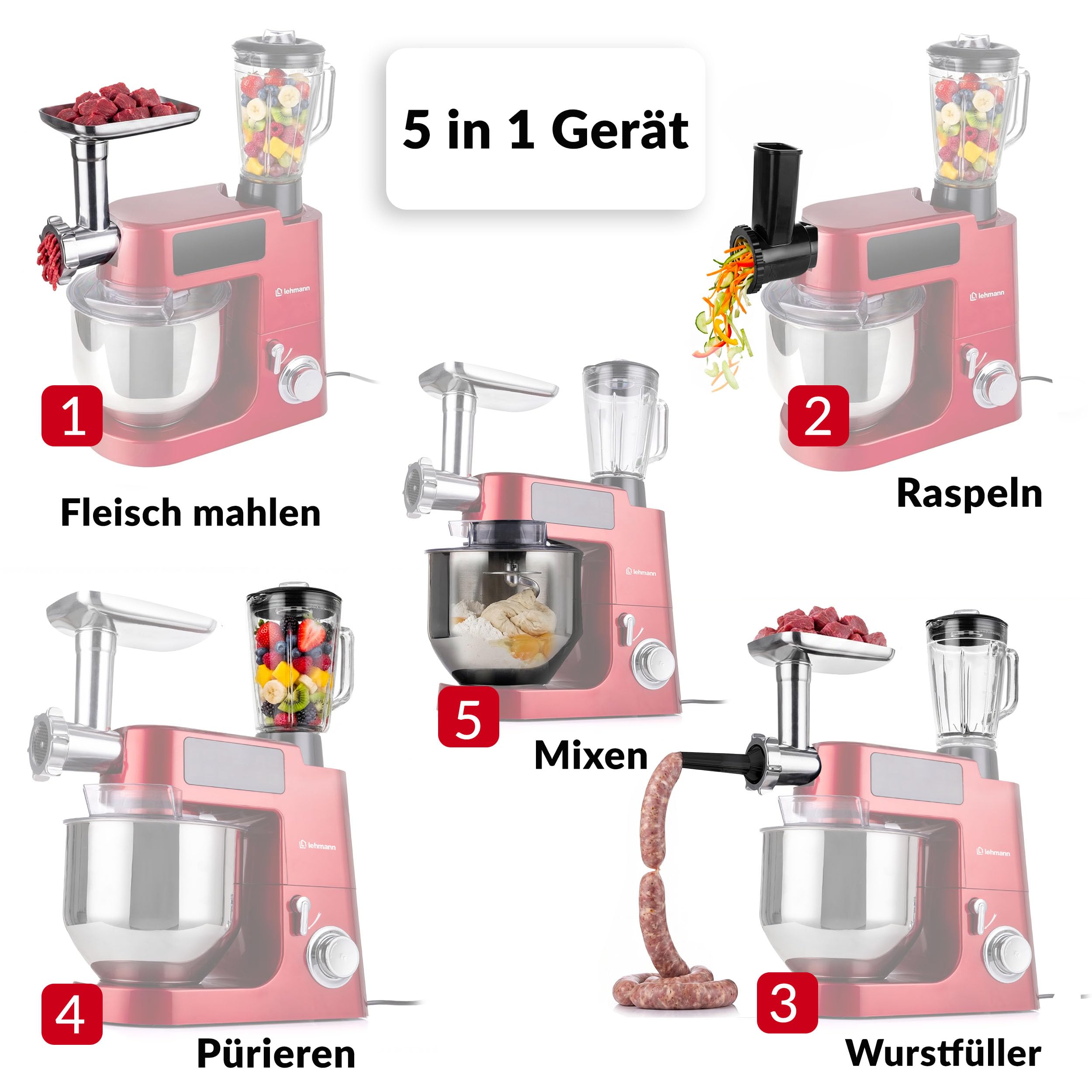 LEHMANN Teyles Multifunktions-Küchenmaschine 8L 2100W mit Waage & Heizschüssel, Planetarische Knetmaschine für Brot- & Pizzateig, 1,5-Liter-Mixer, Fleischwolf, Touchdisplay, Rot