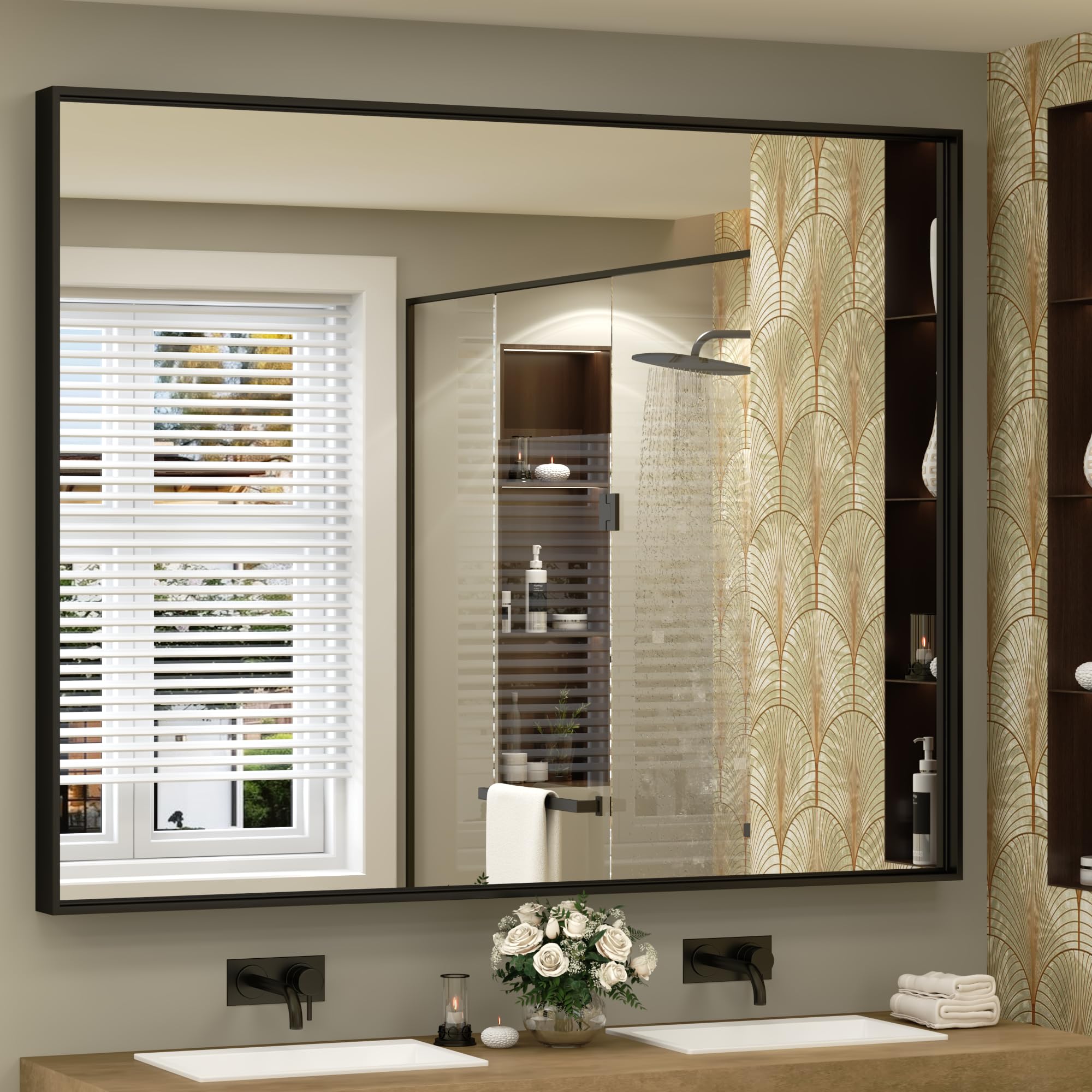 48x40 Inch Black Metal Framed Bathroom Mirror for Wall, Large Rectangle Mirror, Matte Black Bathroom Vanity Mirror, Anti-Rust, Square Corner, Shatterproof (Horizontal/Vertical)