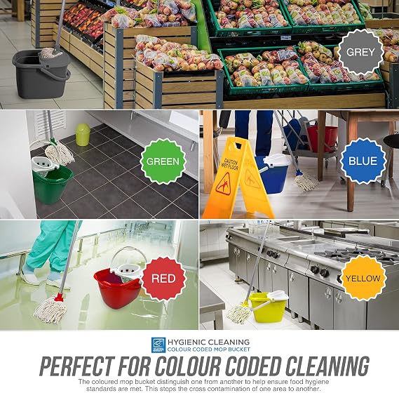 Colour Coded Mop Buckets − 12L Mop Bucket with Wringer and Easy Carry Handle for Domestic and Commercial Cleaning (Blue)