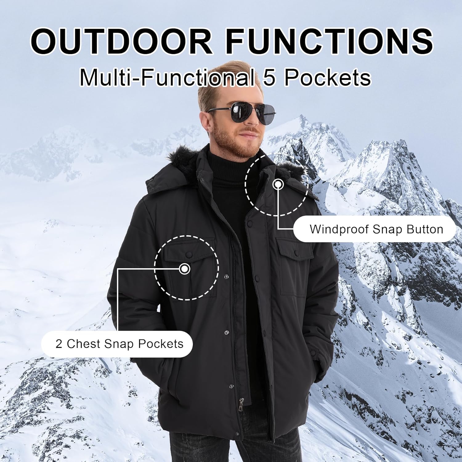 CHEXPEL Mens Winter Coat Puffy Parka Jacket with Fur Hood Waterproof & Windproof Long Winter Fleece Lined Outwear - Image 6