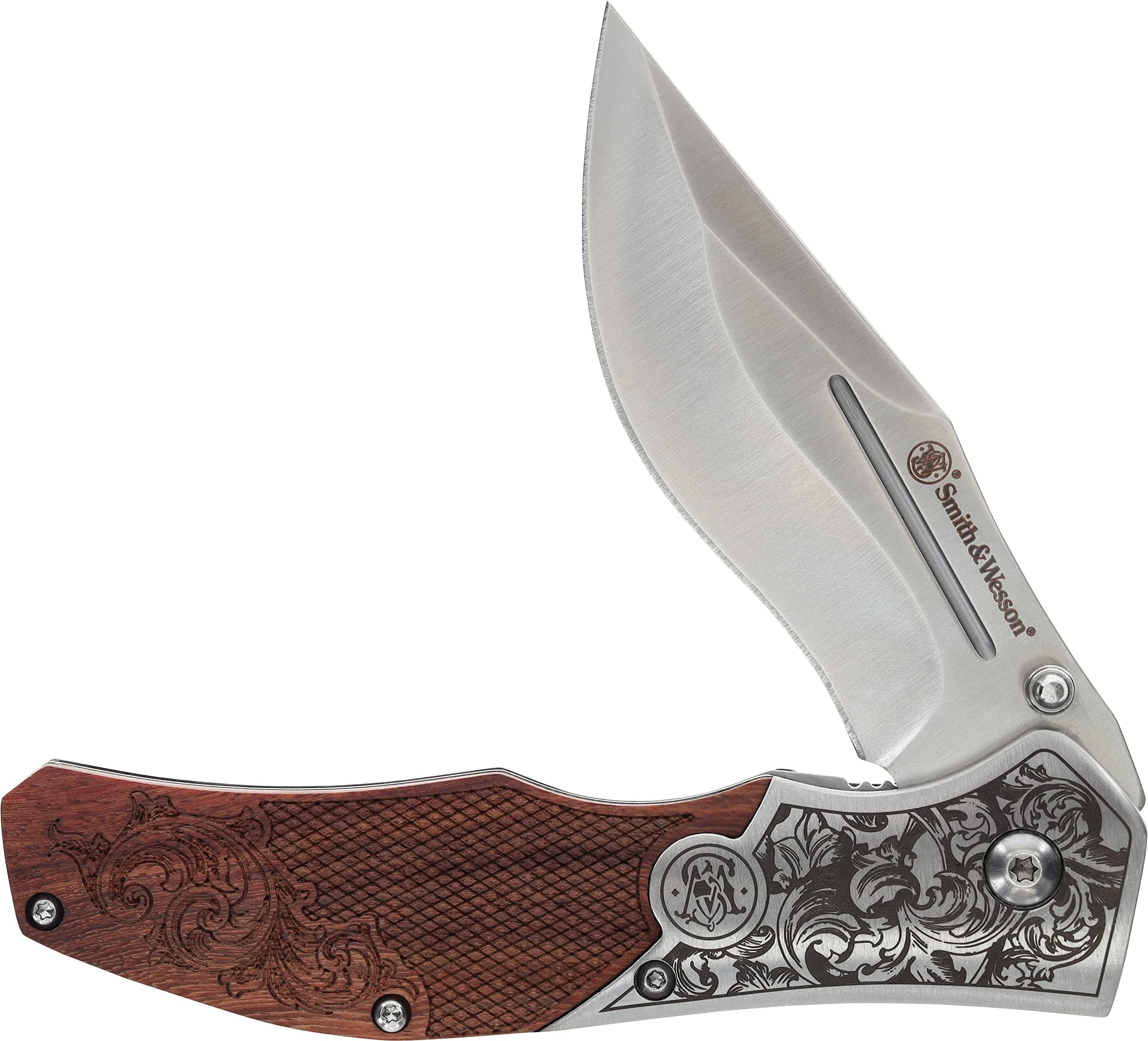 Accessories Smith & Wesson Unwavered Folder Featuring Engraved Rosewood Handle, Drop Point Blade, and 8Cr13MoV Stainless Steel,Brown