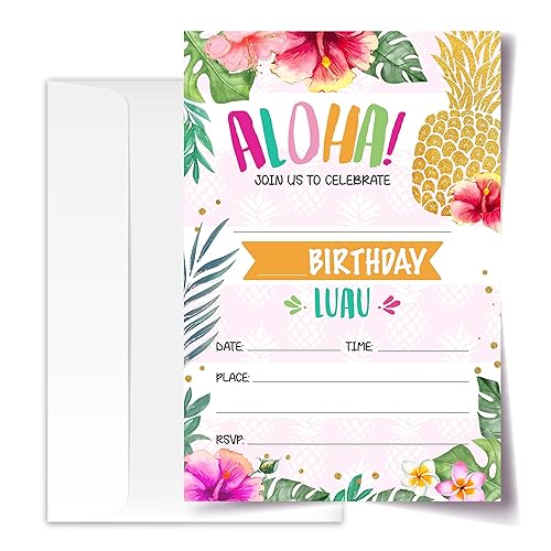 Hawaiian Aloha Luau Birthday Invitation Cards with Envelopes Pack of
