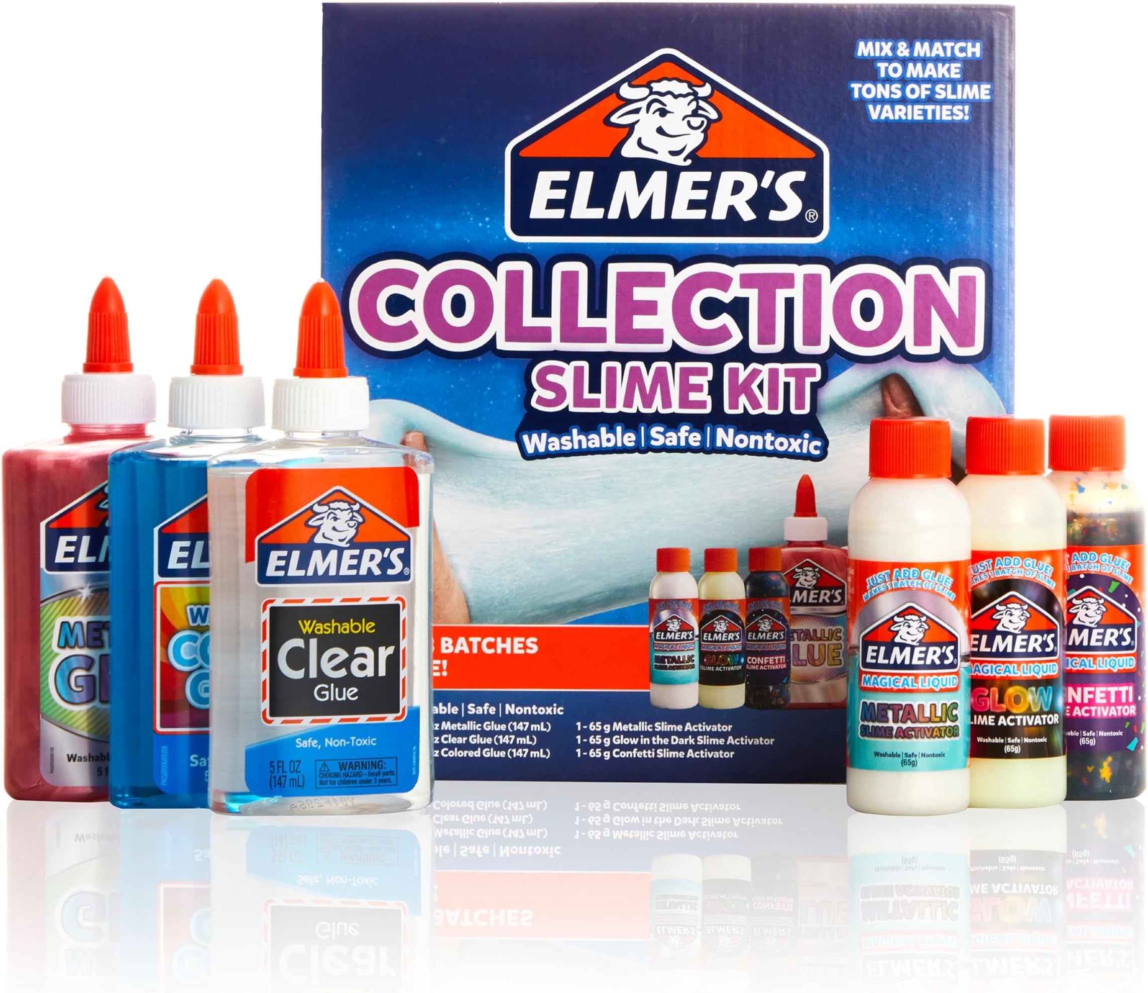 Elmer's Collection Slime Kit Supplies Includes Glow in the Dark Magical Liquid Slime Activator, Metallic Magical Liquid, Confetti Magical Liquid, Translucent Adhesive, Metallic Glue, Clear Glue, 6