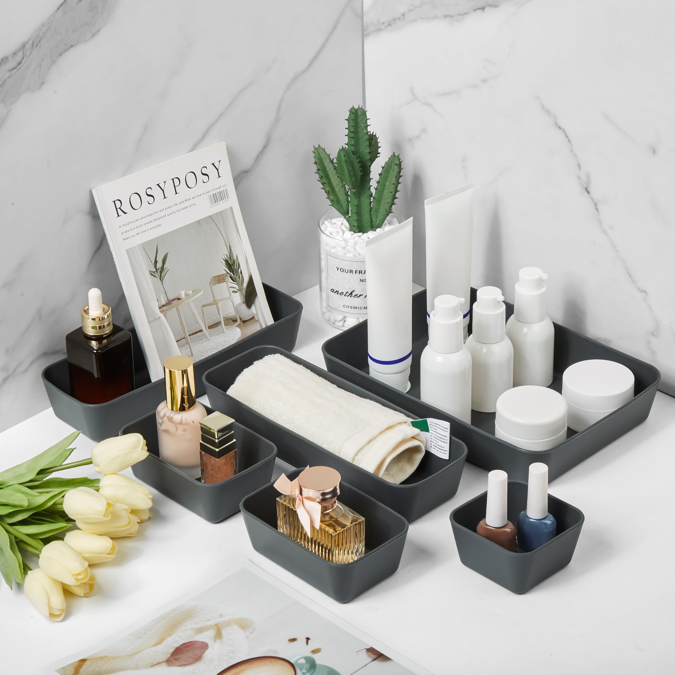 ISSEVE Set di 8 organizer per cassetti in silicone, versatili in 4 dimensioni, organizer per cassetti da bagno, divisori, organizer per cassetti da scrivania, per ufficio, cucina, camera da letto e