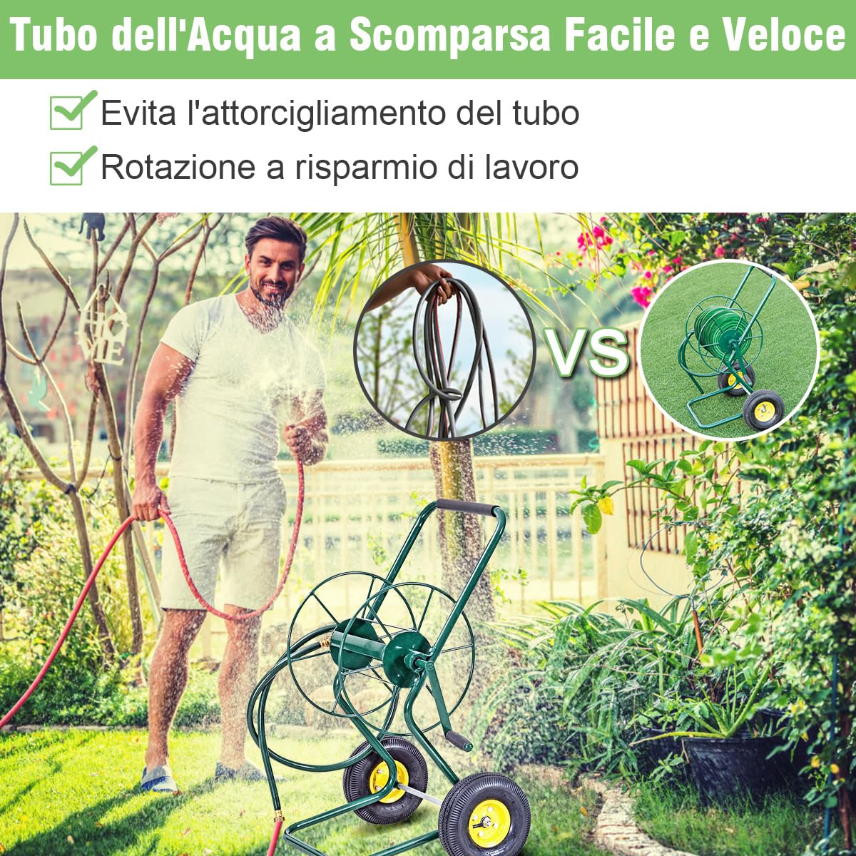COSTWAY Carrello Avvolgitubo da Giardino, Carrello per Tubo di Irrigazione in Metallo con 2 Ruote Pneumatiche di Grandi Dimensioni, per Giardino e Cortile, 71 x 53 x 96,5 cm