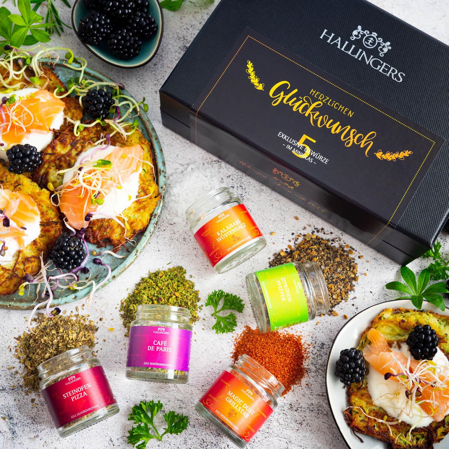 Hallingers Genuss Manufaktur Gewürz Glückwunsch-Geschenk-Set - 5 Gewürze aus aller Welt in wertiger Geschenkbox mit Rezept-Booklet "Herzlichen Glüc...", Geschenkidee für Frauen Männer