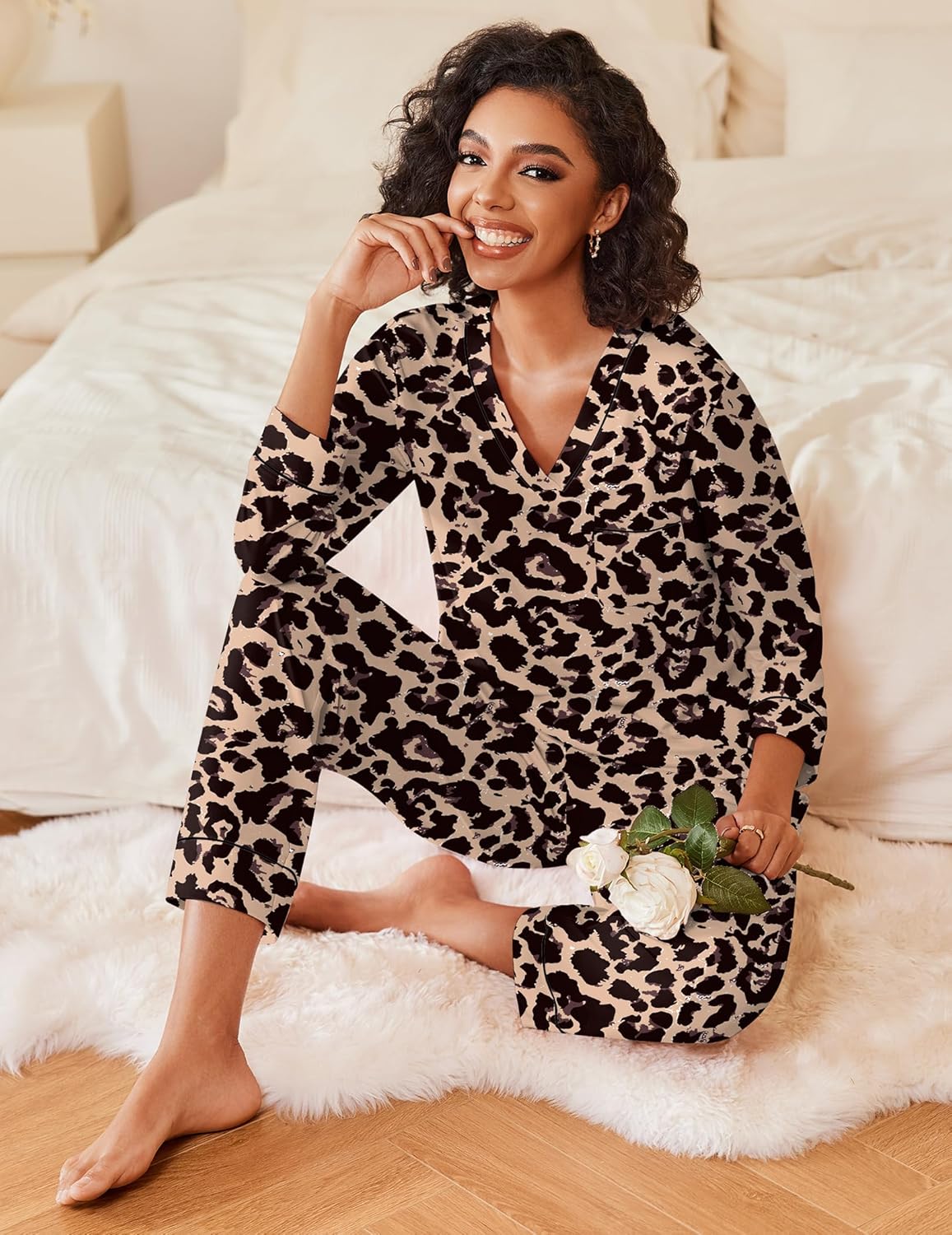 Ekouaer Women's Pajamas Sets 2 piece PJs V Neck Long Sleeve Sleepwear Comfy Pants Loungewear with Pocket - Image 4