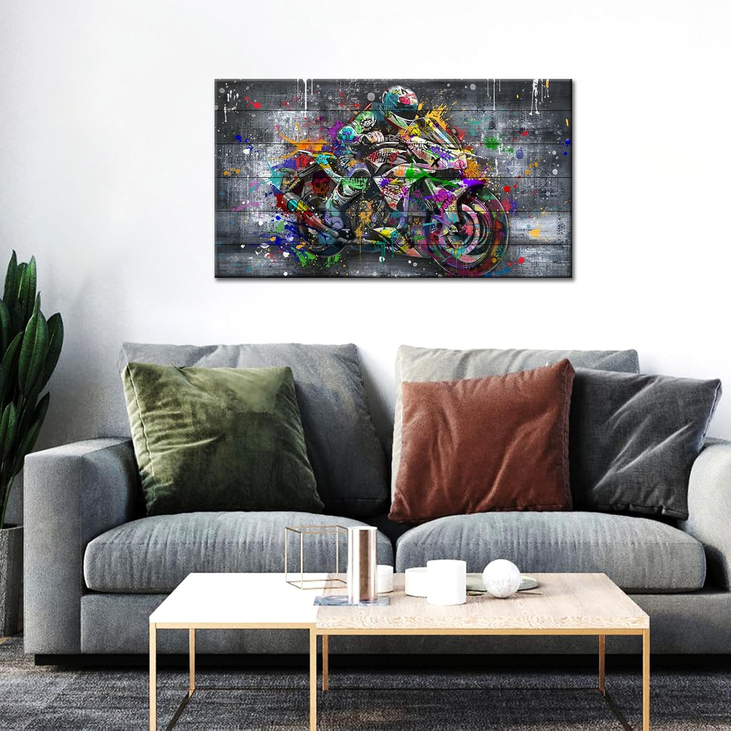 NutArtPic Graffiti Motorcycle Wall Art Pop Street Art Motorcycle Racing Painting Extreme Sport Cool Wall Decor for Man Teens Kids Dorm Cave Decor Framed 20''x36'' (Grey)