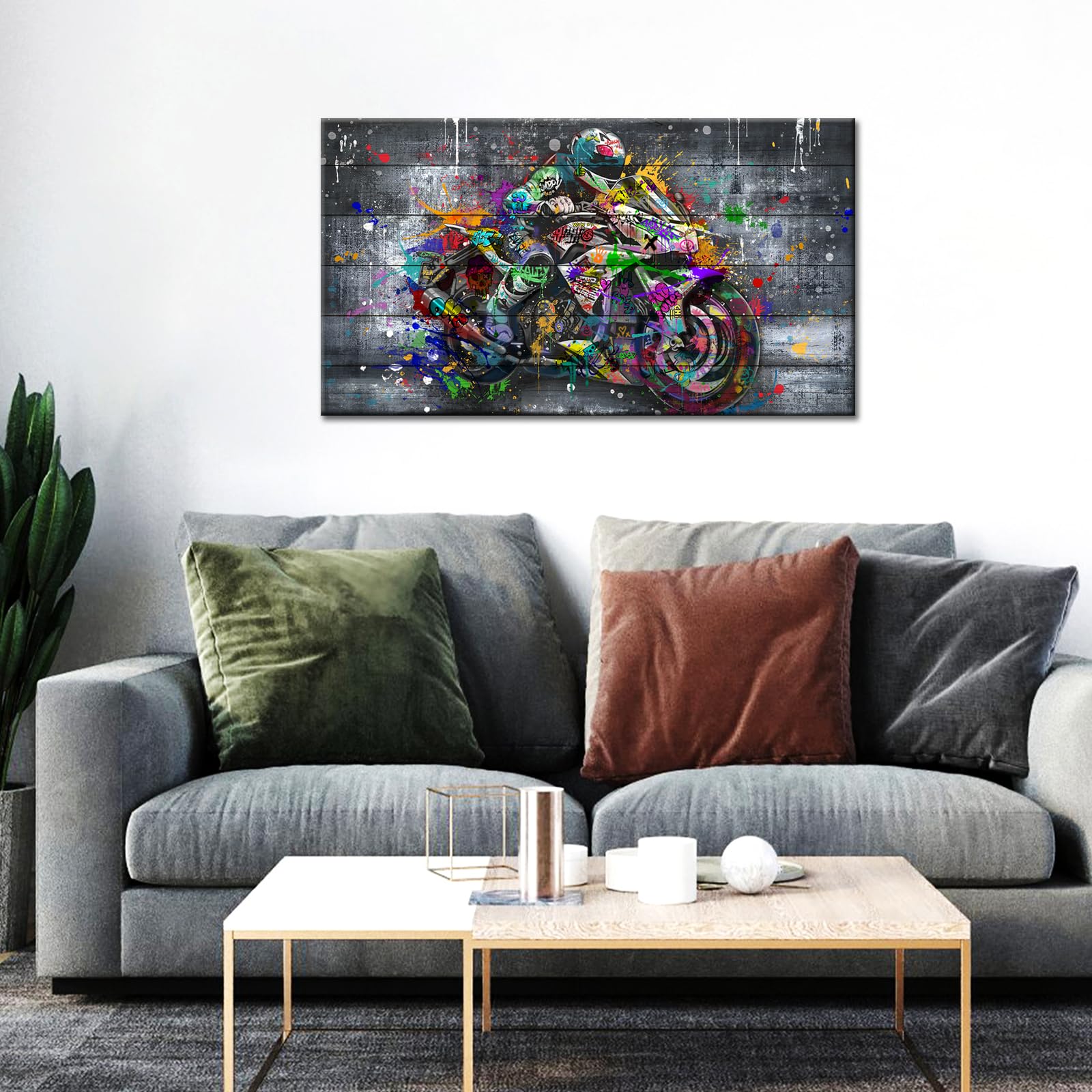 Tableau Toile 5 Pièces - Motif Moto De Course - Peinture Décorative Pour Mur - Neuf