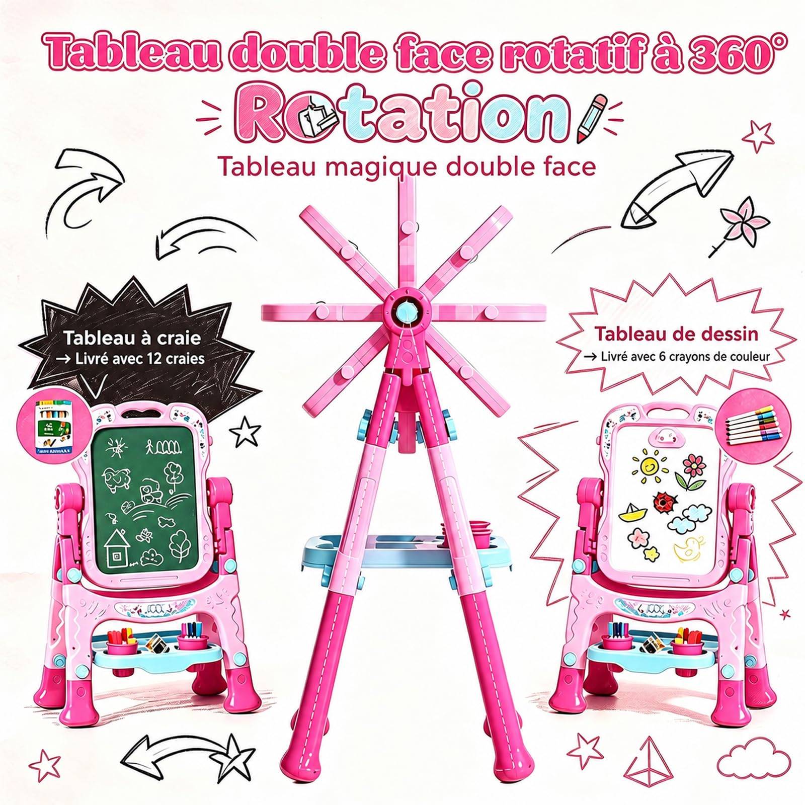 EUCOCO Tableau Enfant Double Face, Jouet Enfant 2 3 4 5 6 Ans Cadeau Fille 2 3 4 5 6 Ans Jouet Fille 1-6 Tableau Chevalet Peinture Educatif Jeux Tablette Dessin Cadeau Anniversaire Filles