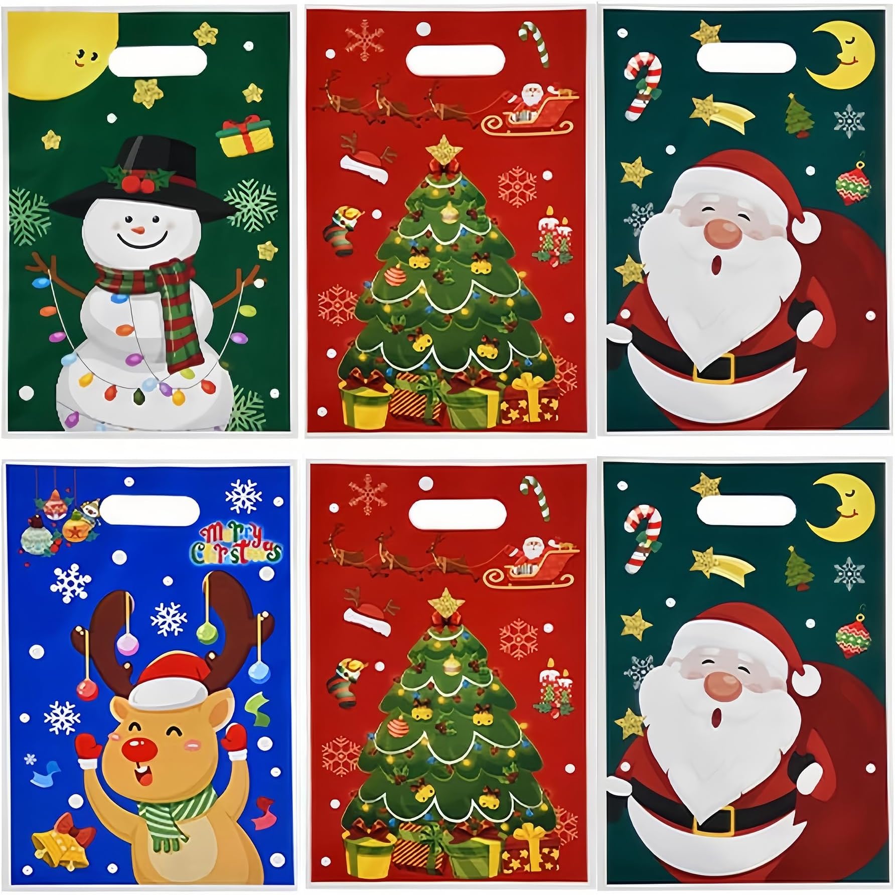 iefoah 100Pcs Christmas Treat Bags Christmas Candy Goodies Snacks Bags Bulk Plastic Gift Bags 6.5'' x 9.8'' Party Favor Bag