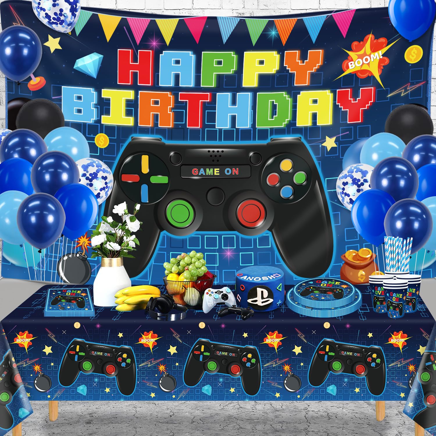 146 Pezzi Decorazioni per Compleanno a Tema Videogioco Accessori per Giochi Set di Stoviglie per Feste di Videogiochi Compreso Sfondo, Piatti e Tovaglia per Decorazioni di Compleanno Bambini per 20