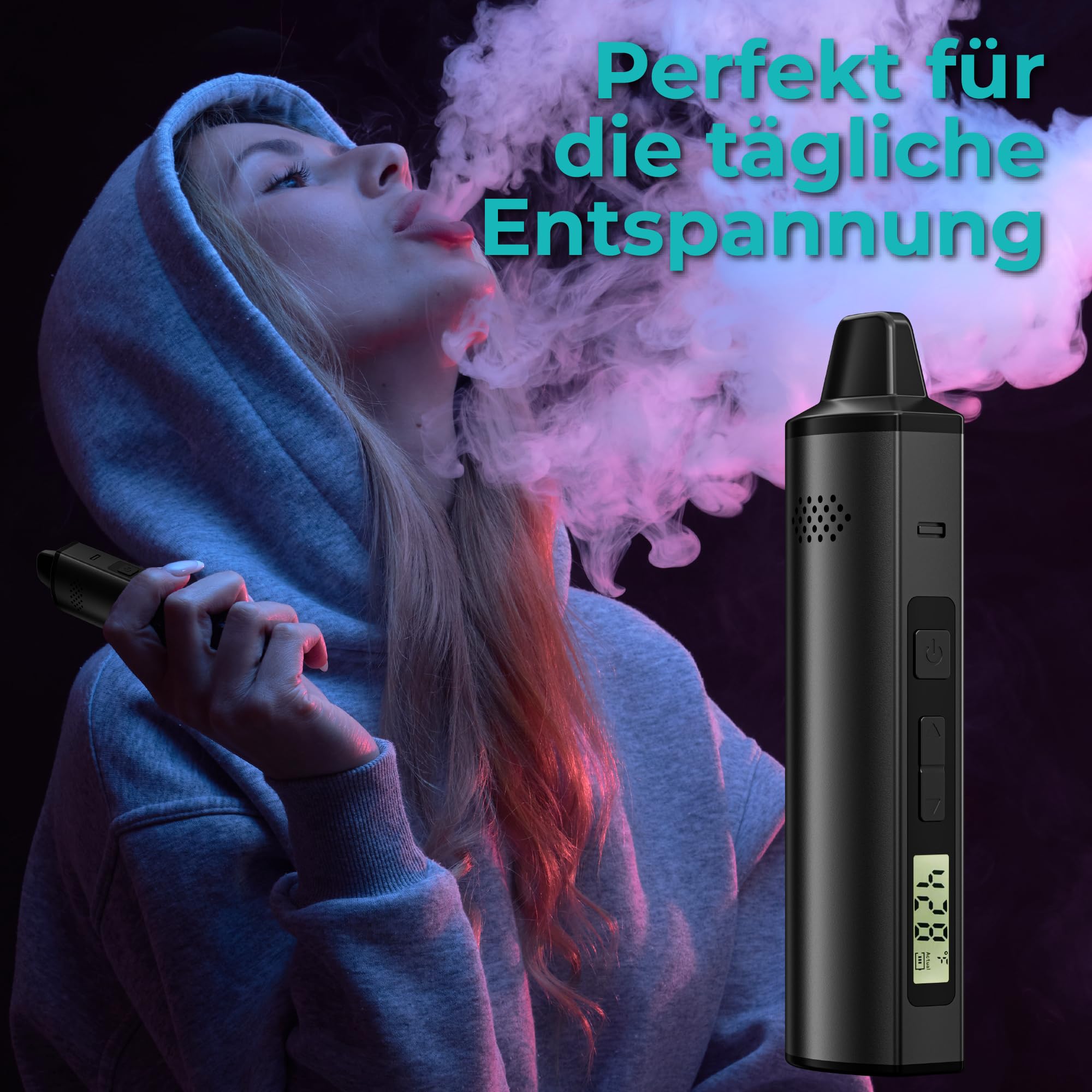 Vaporizer Cannabis verdampfer IOUQ KIT kräuter verdampfer Keramische Heizkammer LCD Display Bildschirm unterstützt weed e zigarette präzise Temperaturregelung (TiefSchwarz) | Dry Herb Vaporizer mit Temperaturregelung/Keramikkammer/LCD/Aluminiumkörper/niko