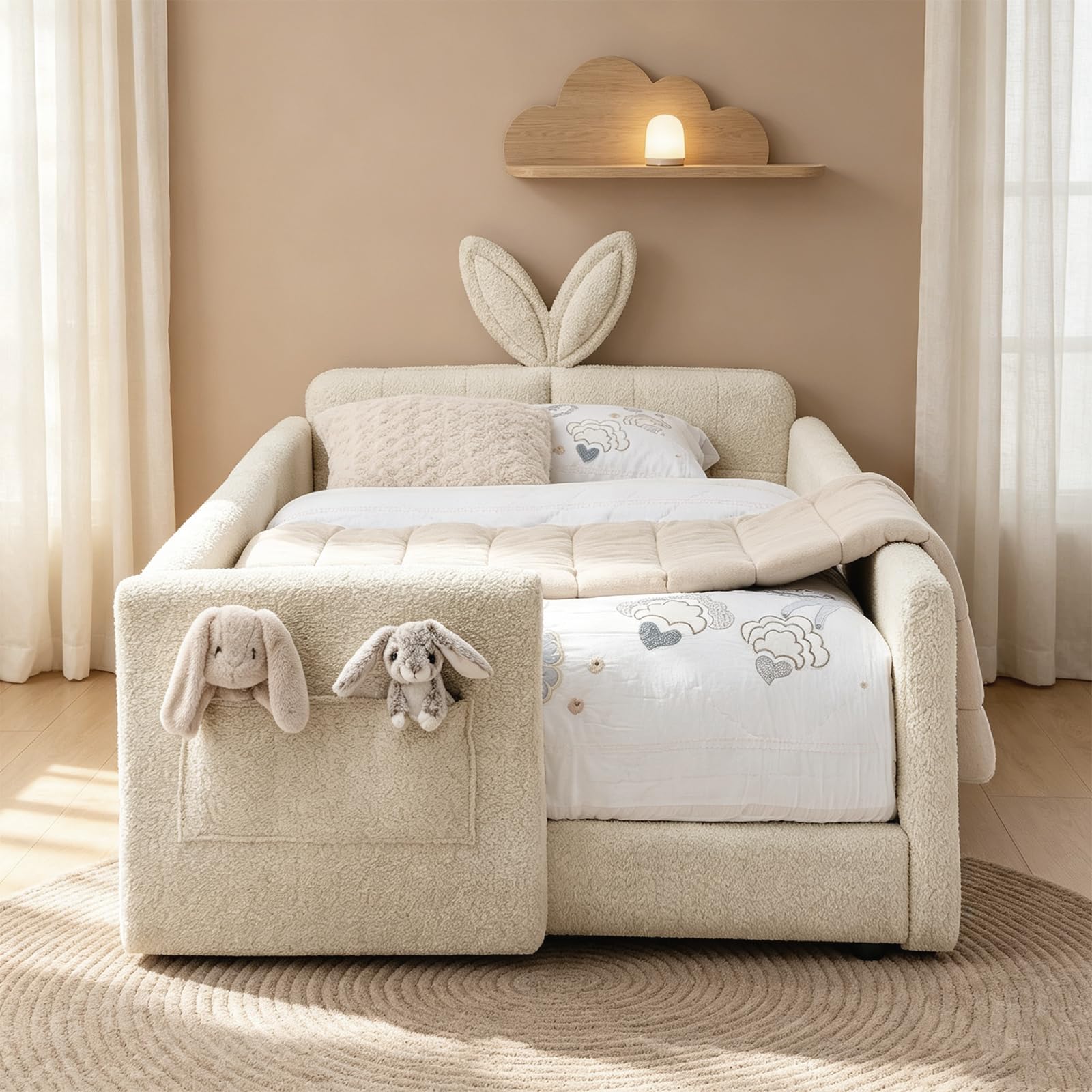 Twin Bed Frame for Kids, Floor Platform Bed Bunny, Camel