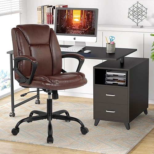 Miniatura 9 de Silla de oficina en casa, silla ergonómica de escritorio de piel sintética, silla de trabajo giratoria con respaldo medio, silla de computadora con