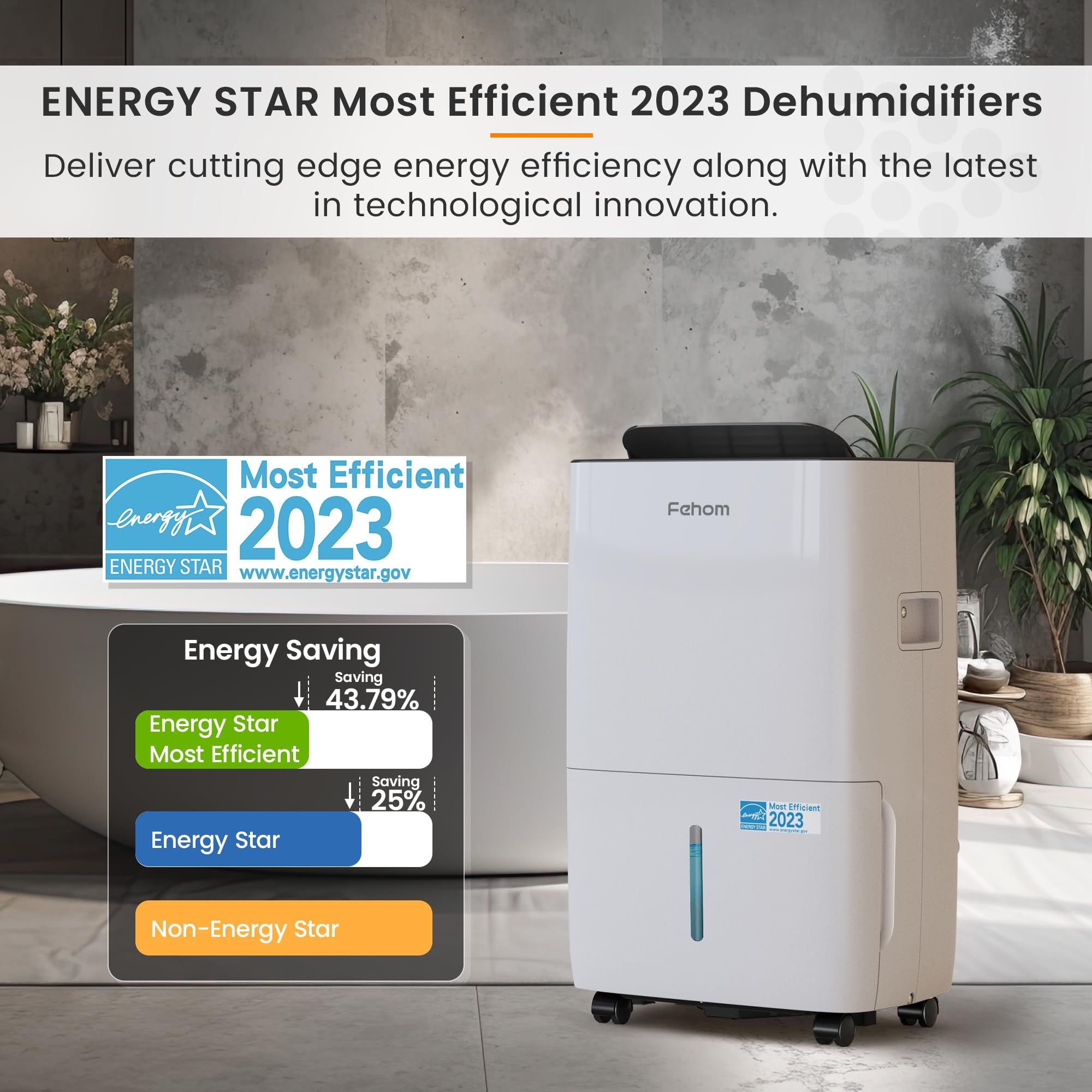 Fehom Deumidificatore 50 Pinte Con Tubo Di Scarico Per Ambienti Fino A 4500 Mq - Controllo Digitale E Timer 24h