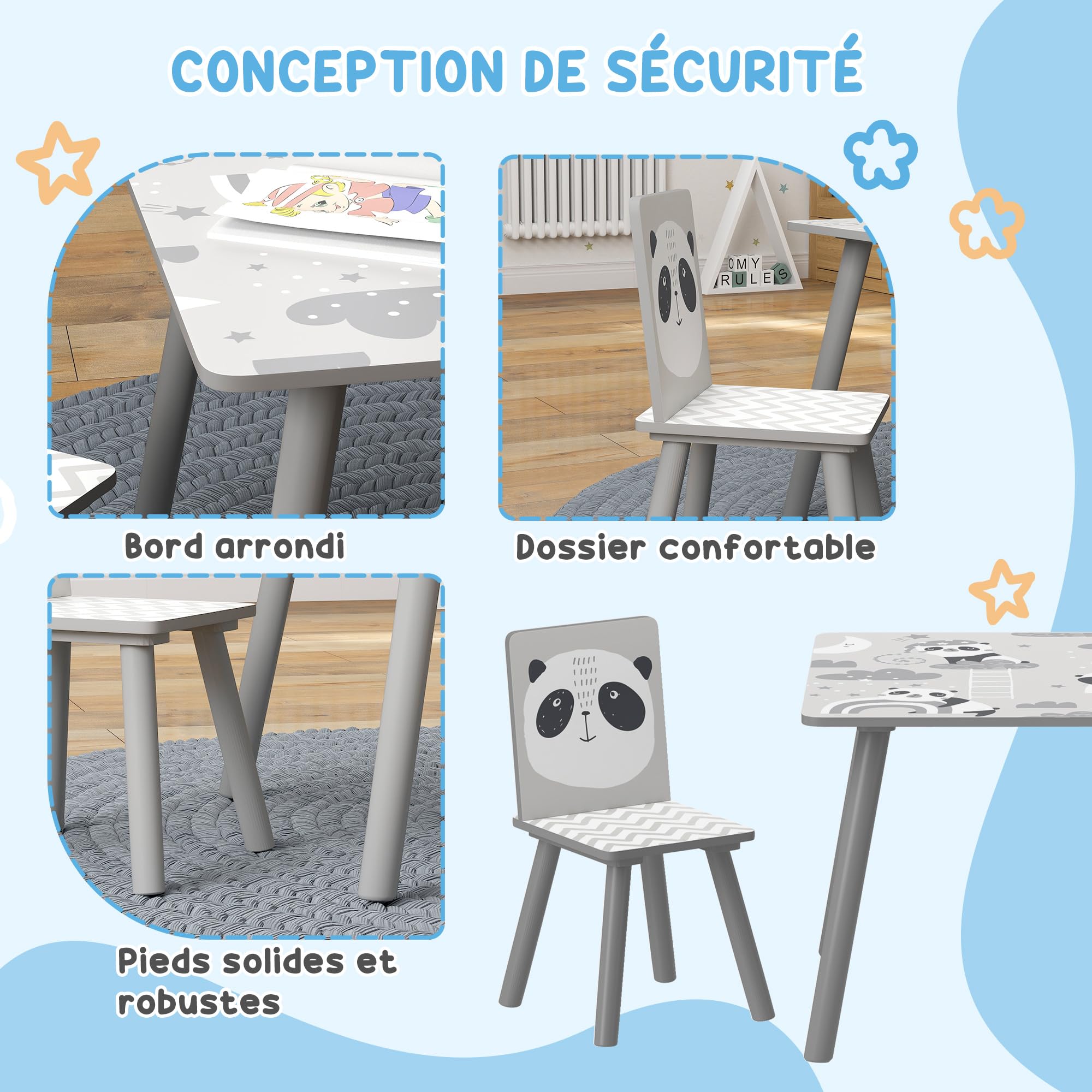 ZONEKIZ Table et 2 chaises pour Enfants 3-8 Ans Ensemble 3 pièces Motif Animaux pour Chambre à Coucher Salle de Jeux Pieds en Bois Massif Gris