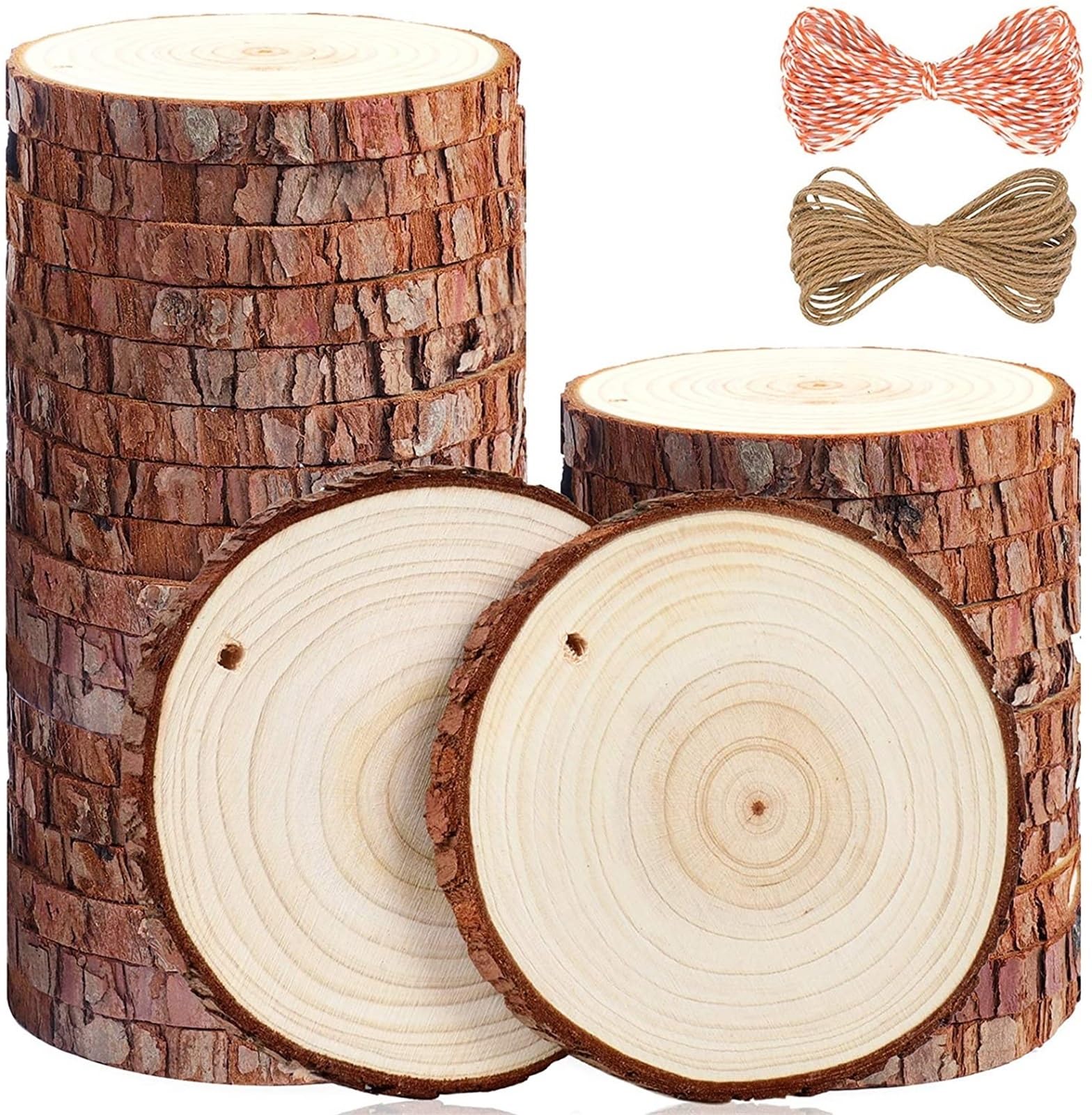 Niewykończone drewno z korą 20pcs Craft Wood Kit Unfinished Predrilled with Hole Wooden Circles for Arts Christmas Ornaments DIY Crafts(7 8cm)
