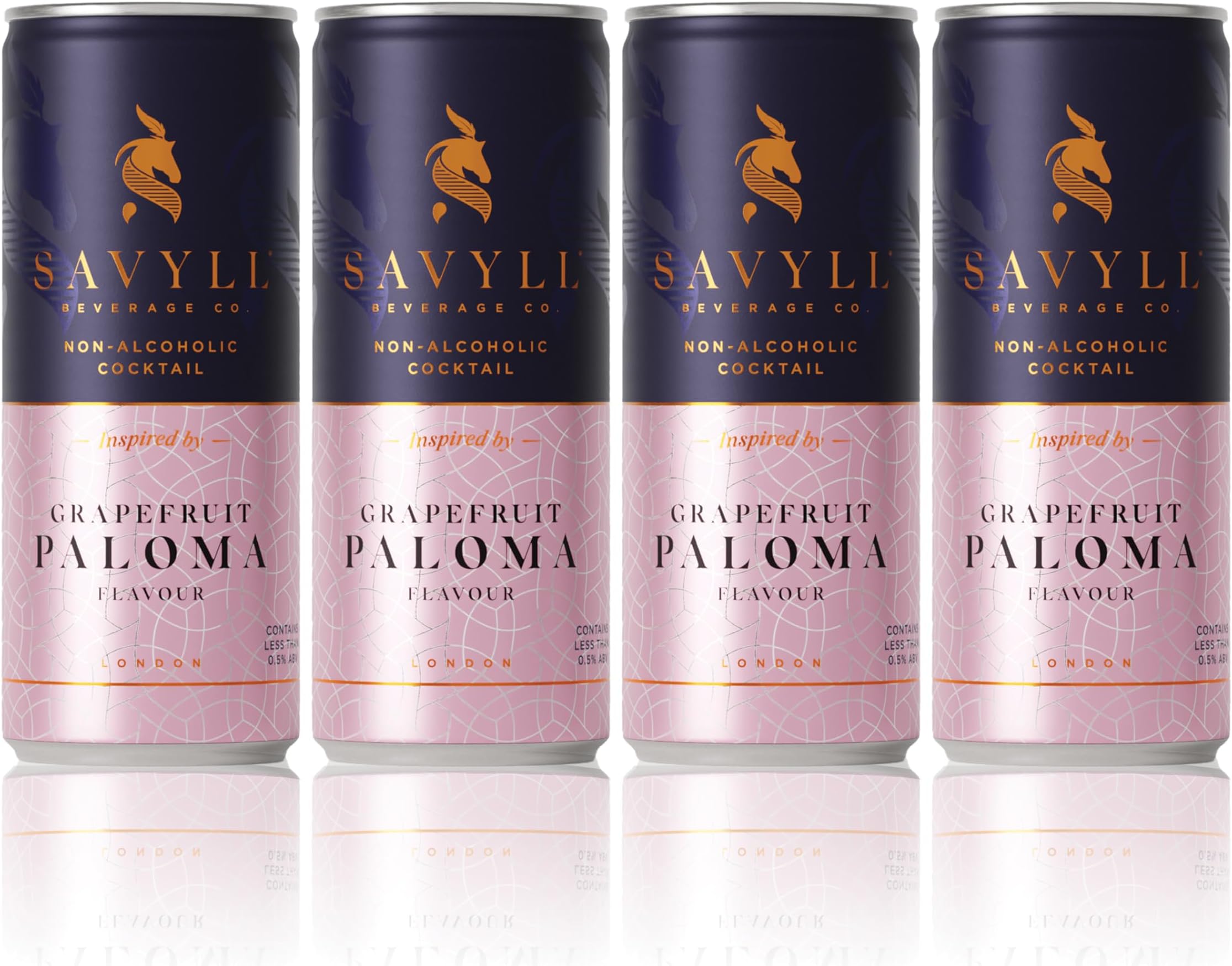 Savyll Beverage Co, Non alcoholic cocktail cans, Paloma, 250ml cans (4 pack), vegan friendly, gluten free, only 3.6g sugar and 28 calories per 100ml, natural ingredients, ready to drink