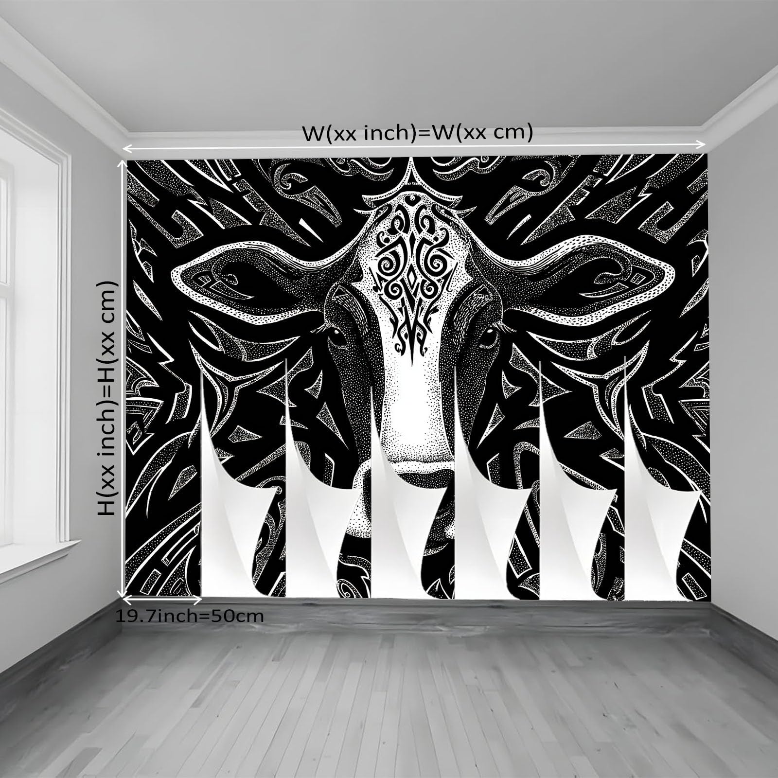 Abstraktes Stammesmuster Fototapete Schwarz 350 x 256 cm Vlies Wandtapete - Moderne Wanddekoration mit Linien & Kuh-Motiv für Schlafzimmer & Wohnzimmer - UV-beständiges Bild Wandbild für Tiefenwirkung