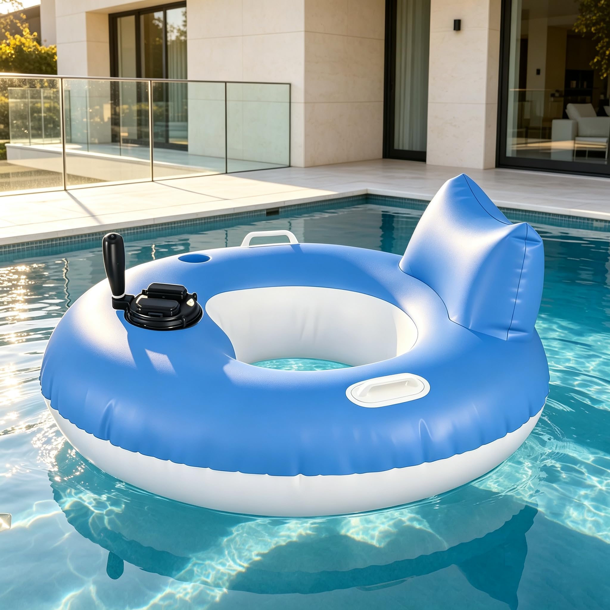 URJWAN Motorized Inflatable Pool Lounger for Adults, Rechargeable Electric Pool Float, Joystick 360° Rotation, Backrest Cup Holder, 250 LB Capacity for Pool Lake Beach Sunbathing A