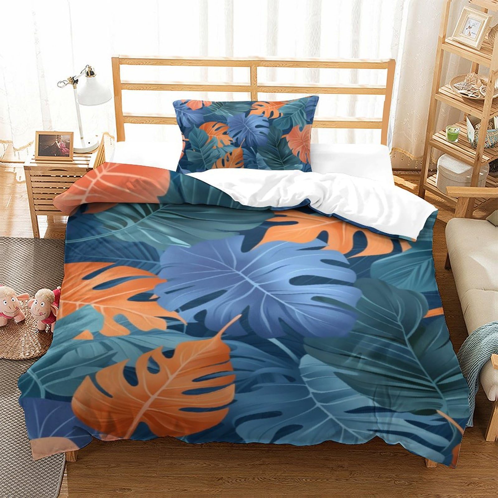 Parure de lit enfant style nature avec housse de couette imprimée 3D feuilles 135x200