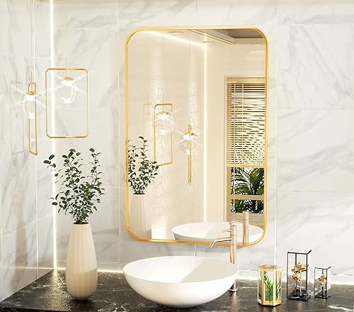 Miniatura 2 de HARRITPURE Espejo de baño redondeado de 20 x 28 pulgadas, espejo de pared rectangular con marco de aleación de aluminio, espejo colgante