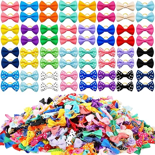 Crowye 400 lazos para perros, lindos lazos para el pelo de perro con bandas de goma, cinta con banda de goma, lazos para el pelo para gatos,