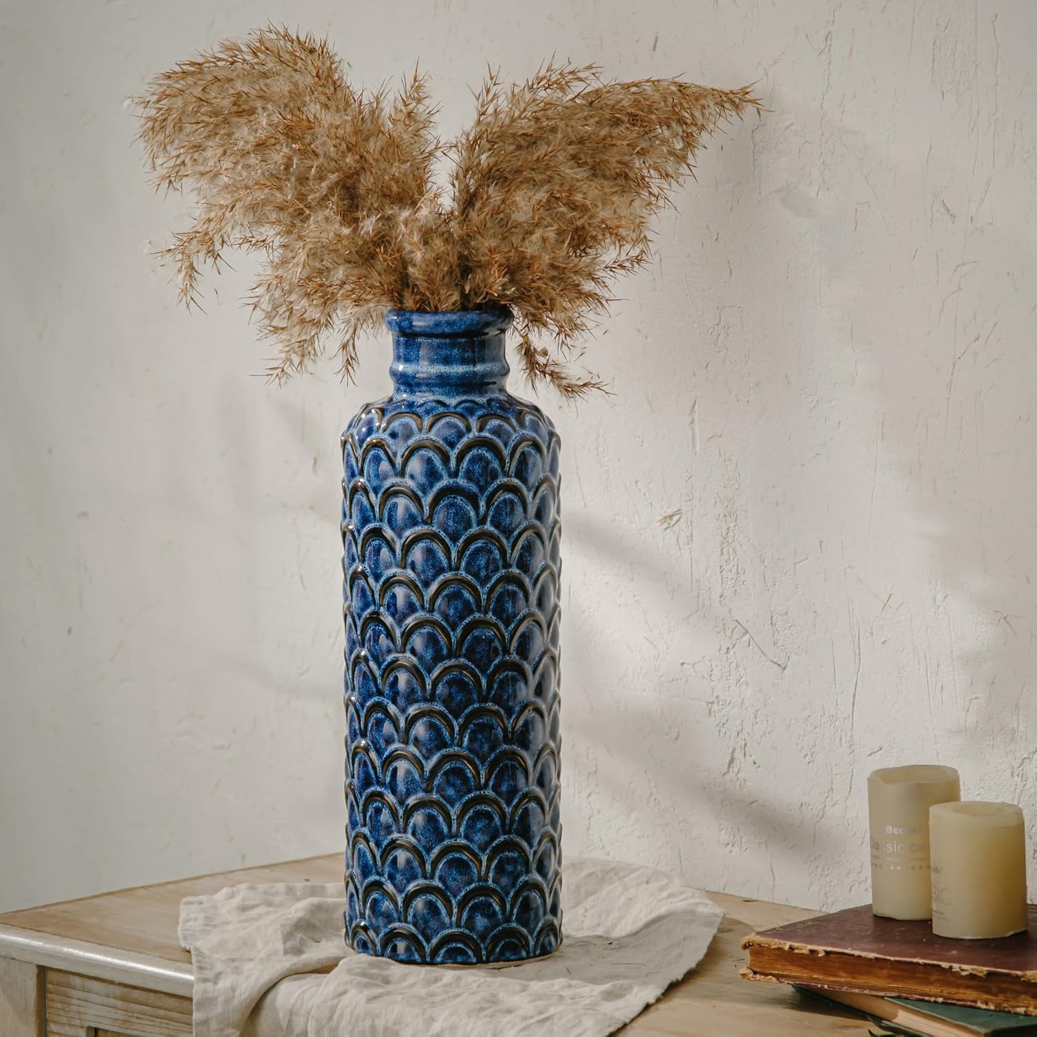 13.98” Tall Blue Ceramic Flower Vase, Large Rustic Farmhouse Decorative Vase for Home Decor, Centerpiece, Living Room, Bedroom, Kitchen