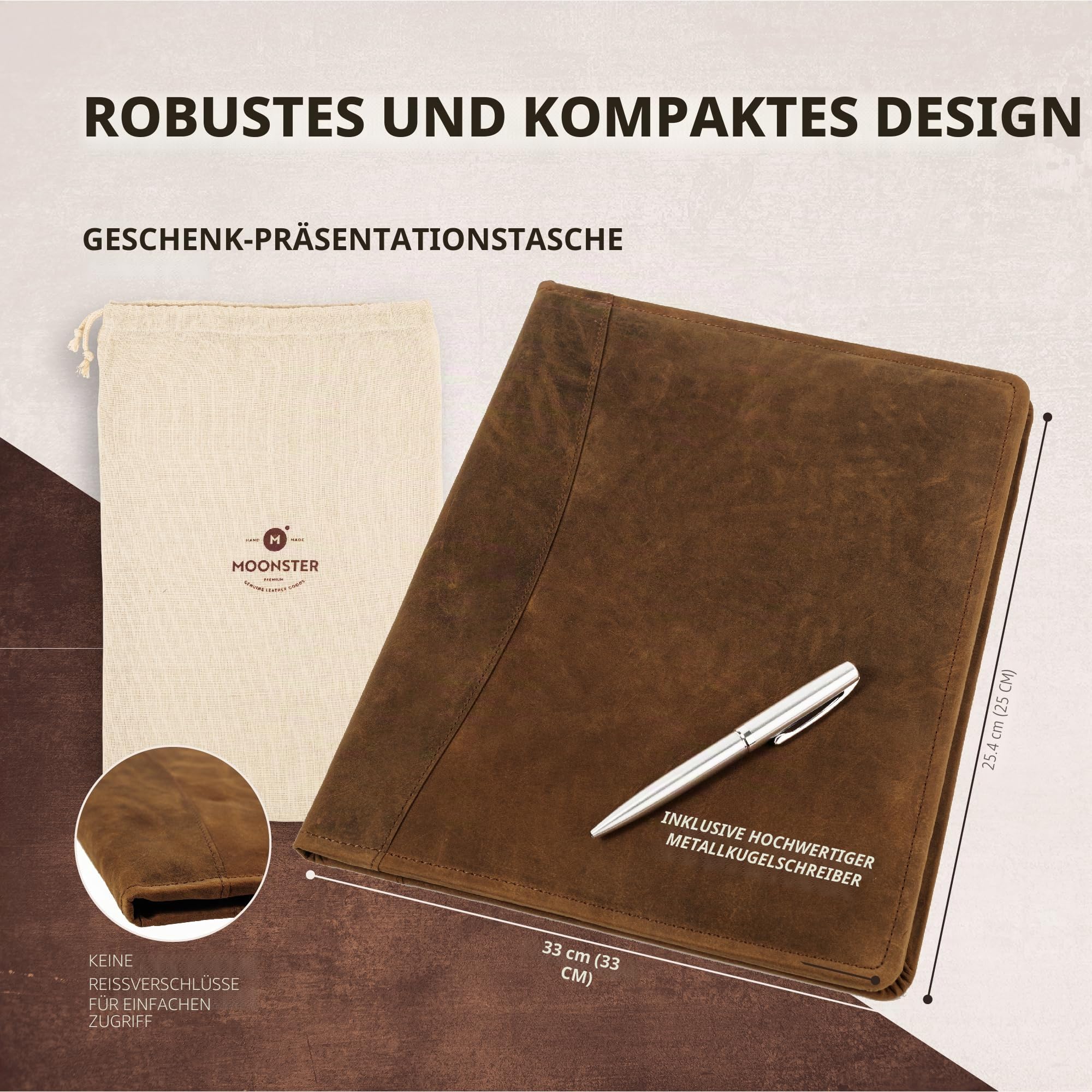 Moonster Leder Portfolio - Vintage Ledermappe A4 Dokumente - Klemmbrett - Dokumentenmappe - Aktenmappe - Konferenzmappe - Schreibmappe A4 Leder Braun, 33 x 25 cm