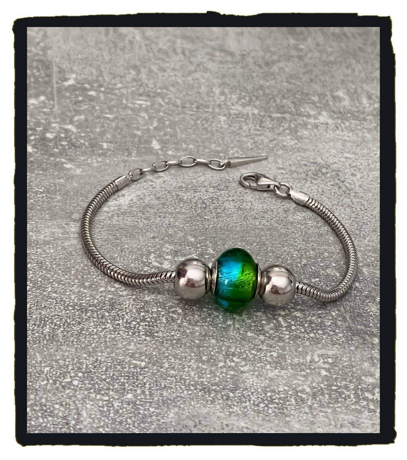 Bracciale Charm Perla Blu/Verde Vetro di Murano & Palline Argento 925/1000 Rodiato, 18 cm, Perla