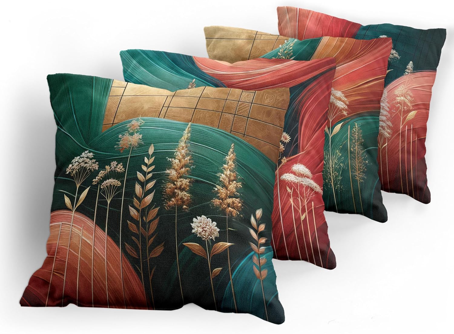 Ambesonne Botanical Throw Pillow Cushion Cover Set of 4, Modern Meadow Blooms on Abstract Waves Contemporary Rustic Nature Art, Decorative Accent Double-Sided Printing, 24", Teal Coral Pale Coffee