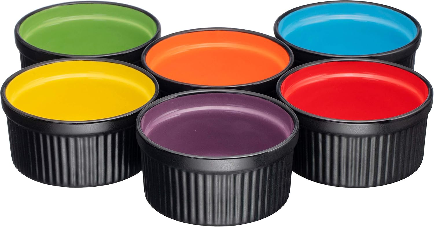 Bruntmor Multi-Color Ceramic Ramekin Baking Set Of 6 Christmas Serving Dishes | 8 Oz Porcelain Creme Brulee Ramekins For Pie Dish |Souffle Cups | Charcuterie Cups Accessories