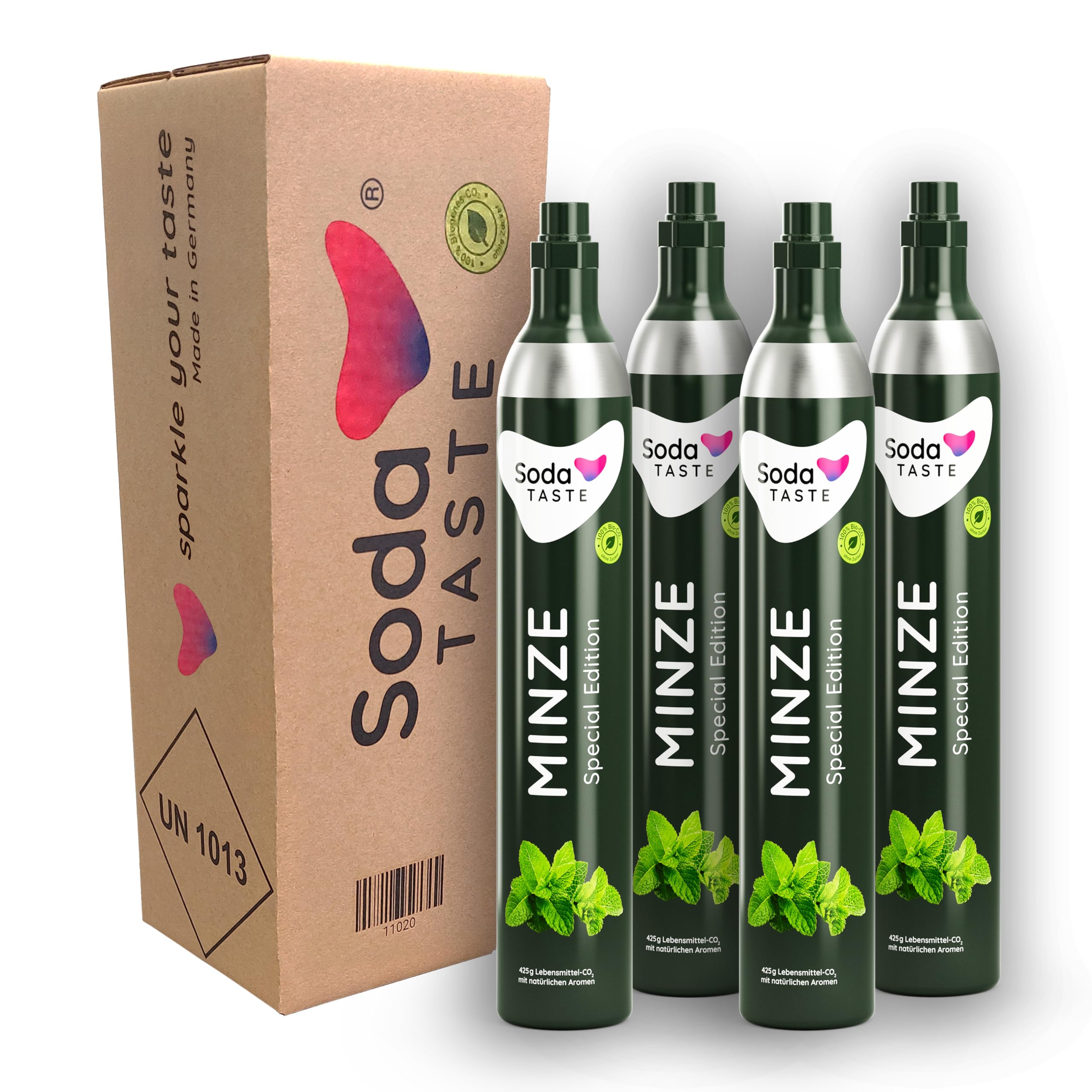 SodaTASTE CO2-Zylinder kaufen 4er-Pack (Reservezylinder) für Wassersprudler, mit natürlichem Minzaroma, ohne Sirup, für bis zu 240l gesprudeltes Wasser mit Geschmack, zuckerfrei