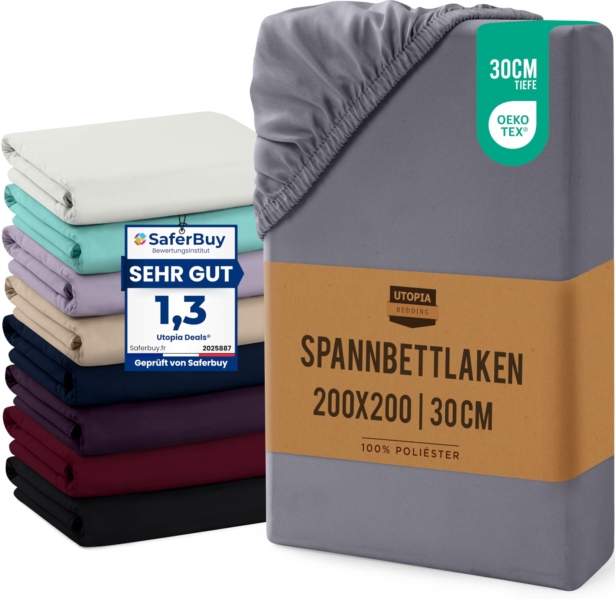 Utopia Bedding - Spannbettlaken 200x200cm Bis 30 cm - Grau - Oeko-Tex Zertifiziertes - Gebürstete Mikrofaser Spannbetttuch