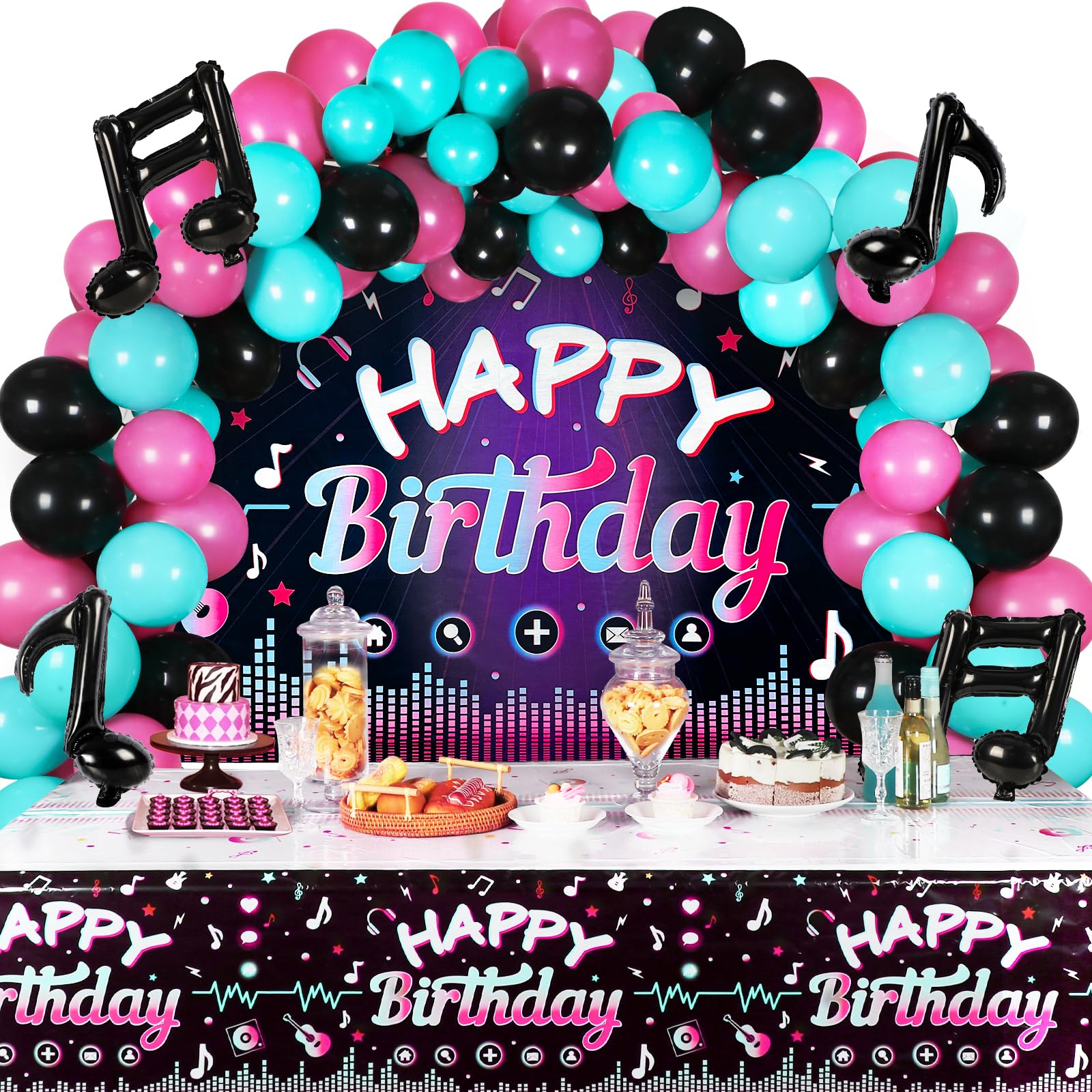 OurWarm 130 Pcs Tik Tok Birthday Party Decorations, Music Happy Birthday Decorations, Tiktok Party Theme Party Supplies Includes Happy Birthday Banner, Balloons Arch, Tablecloth for Birthday Decor