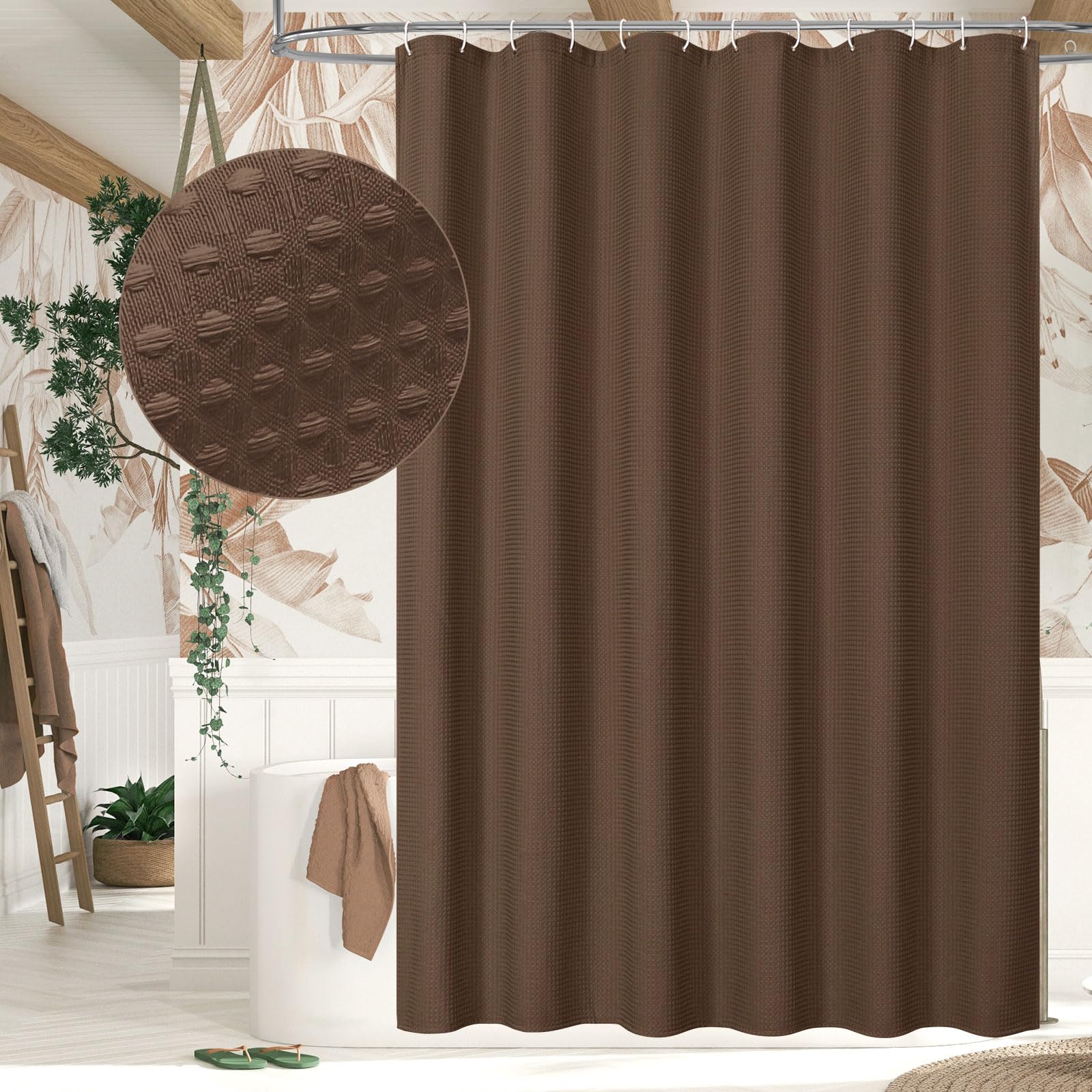 MitoVilla Brown Waffle Fabric Shower Curtain, Modern Waffle Weave Textured Shower Curtains for Luxury Rustic Bathroom Decor, Heavy Vintage Bathroom Shower Curtain, 72 x 72